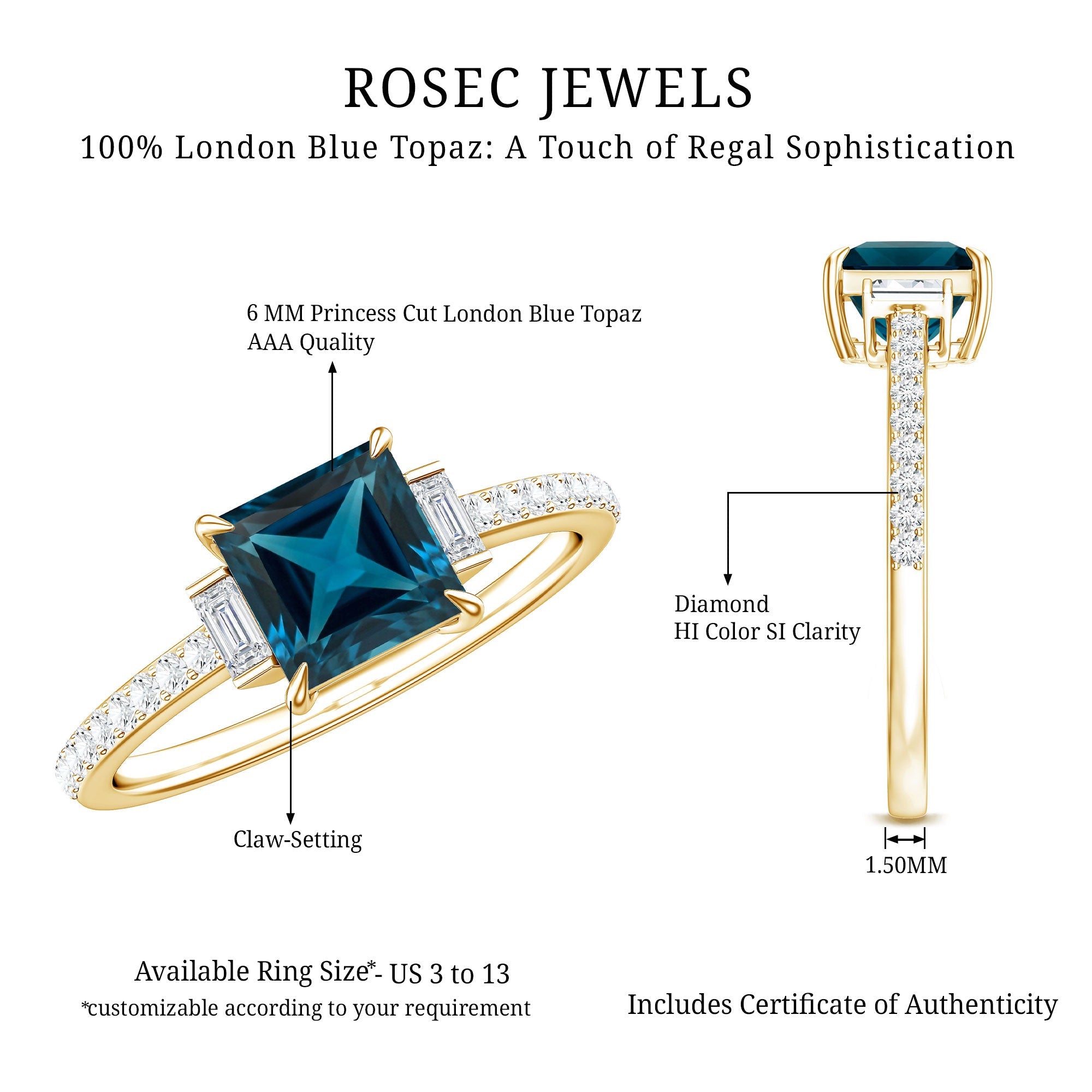 6mm Princess Cut London Blue Topaz Classic Engagement Ring with Diamond