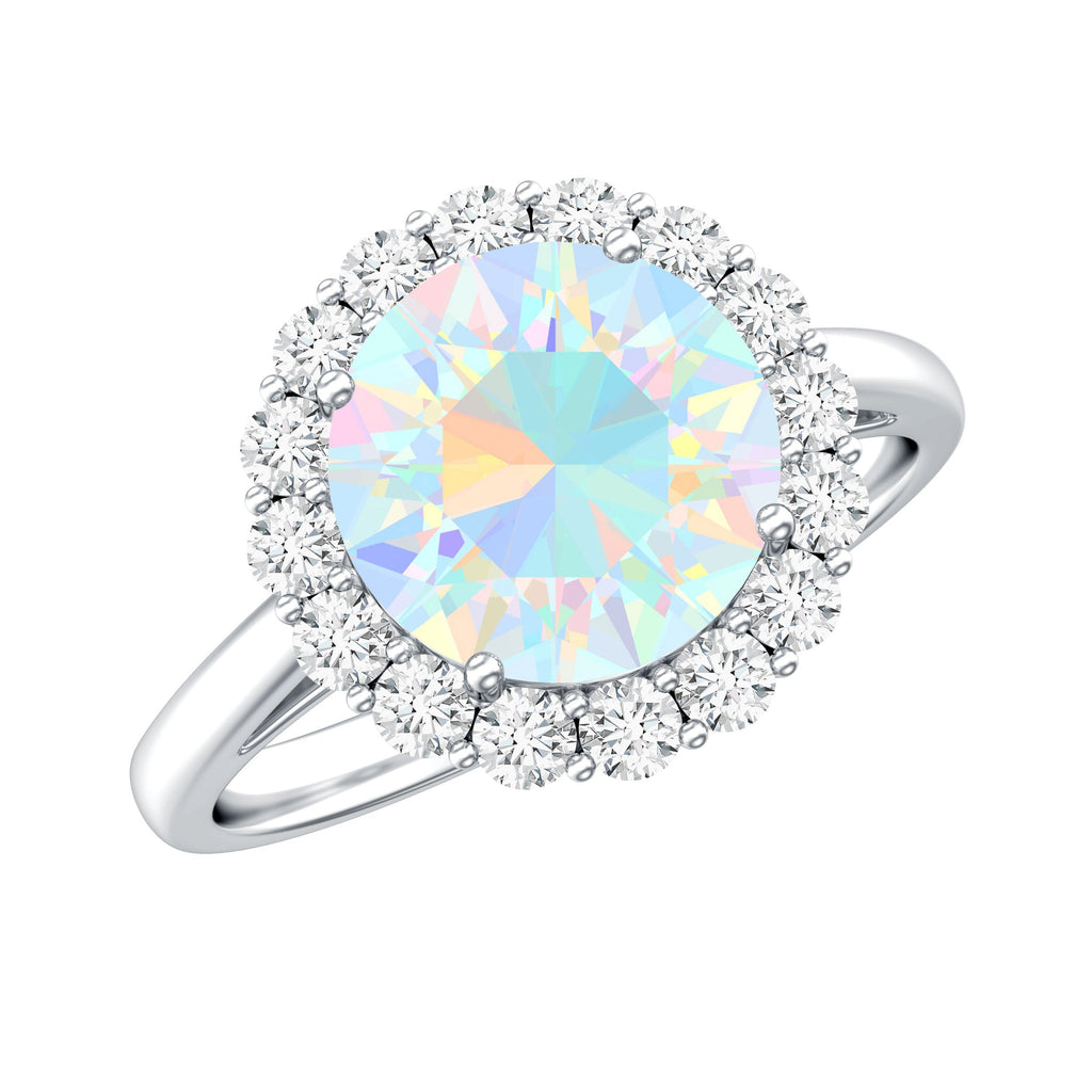 Certified Real 8mm Ethiopian Rainbow Opal Engagement Ring with Diamond Halo