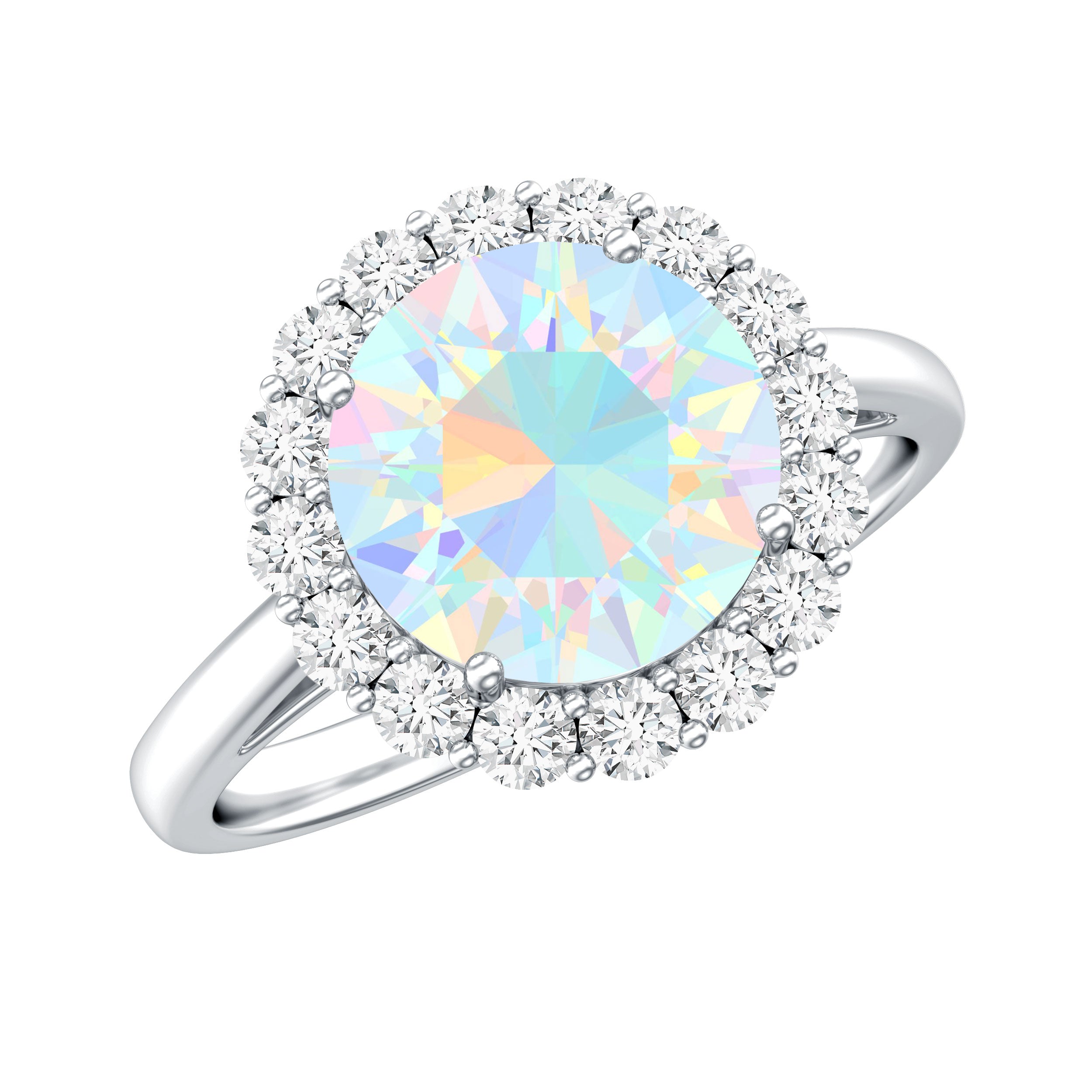 Certified Real 8mm Ethiopian Rainbow Opal Engagement Ring with Diamond Halo