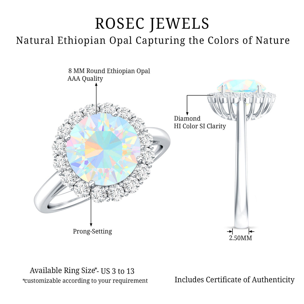 Certified Real 8mm Ethiopian Rainbow Opal Engagement Ring with Diamond Halo