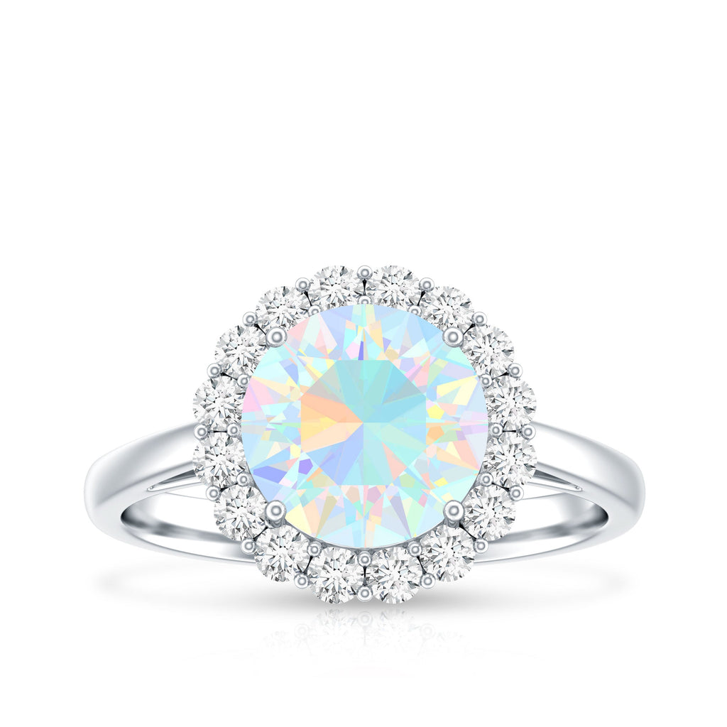 Certified Real 8mm Ethiopian Rainbow Opal Engagement Ring with Diamond Halo