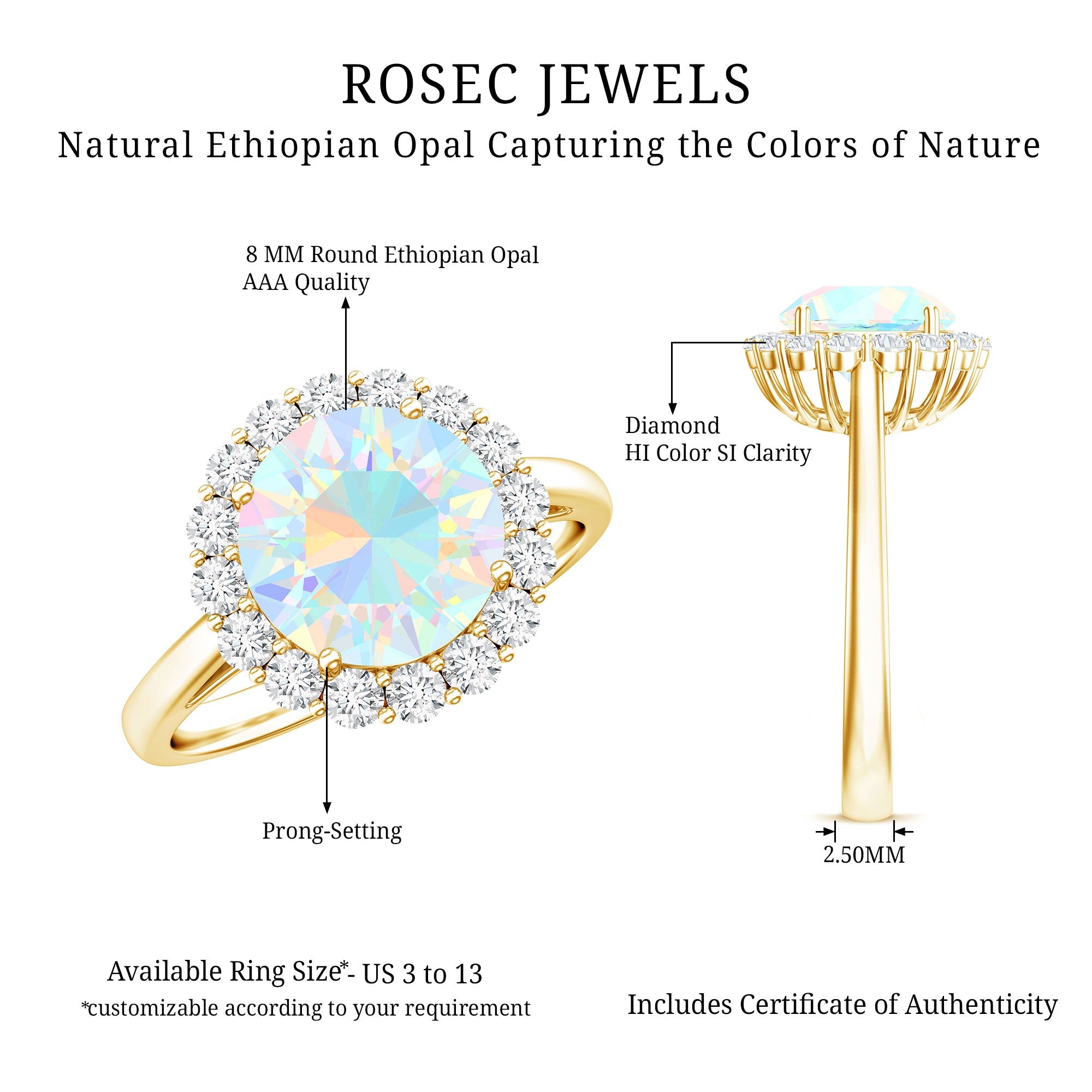 Certified Real 8mm Ethiopian Rainbow Opal Engagement Ring with Diamond Halo