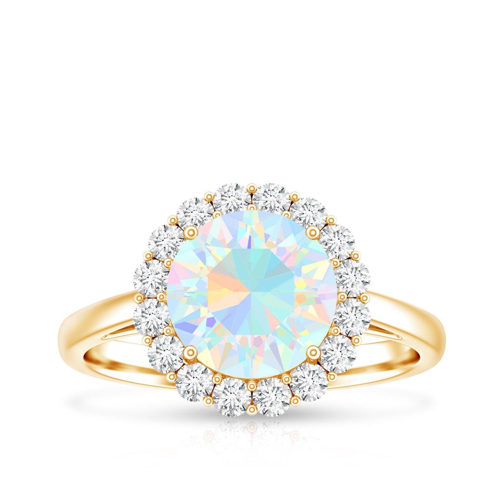 Certified Real 8mm Ethiopian Rainbow Opal Engagement Ring with Diamond Halo