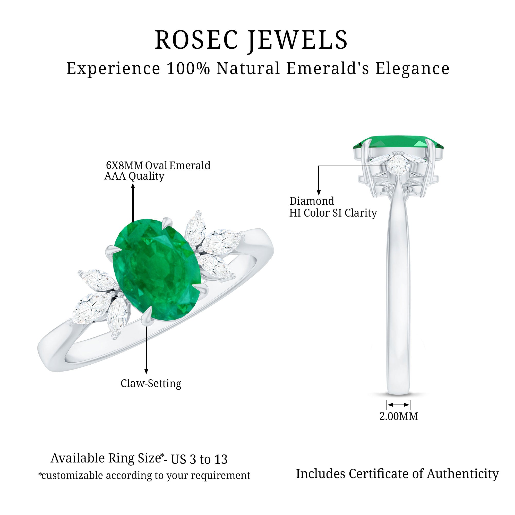 Natural 1.2 Carat Oval Emerald Engagement Ring with Diamond Trio