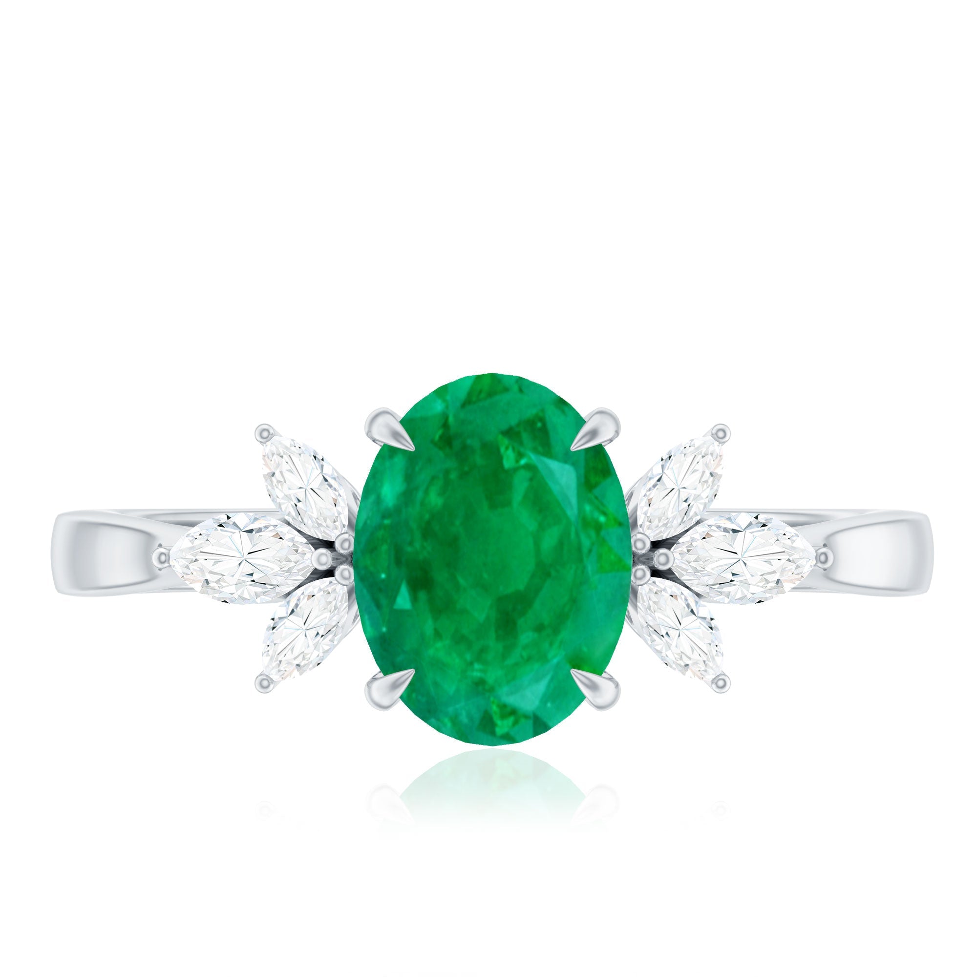 Natural 1.2 Carat Oval Emerald Engagement Ring with Diamond Trio