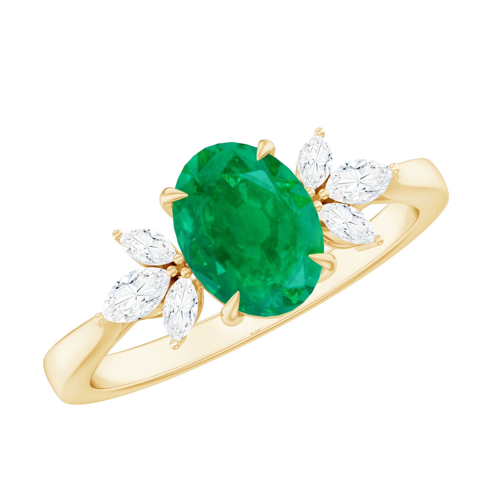 Natural 1.2 Carat Oval Emerald Engagement Ring with Diamond Trio