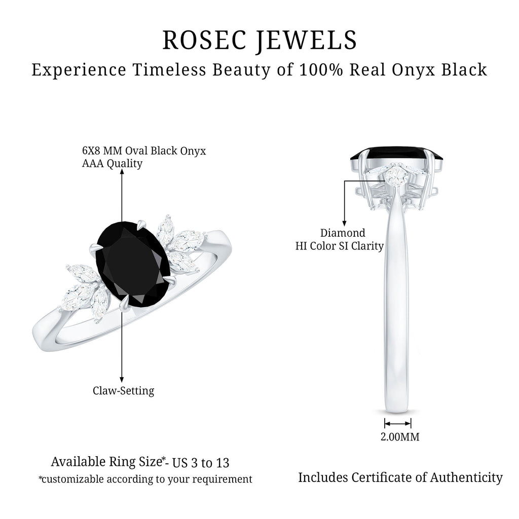 Oval Cut Black Onyx Engagement Ring with Diamond Trio