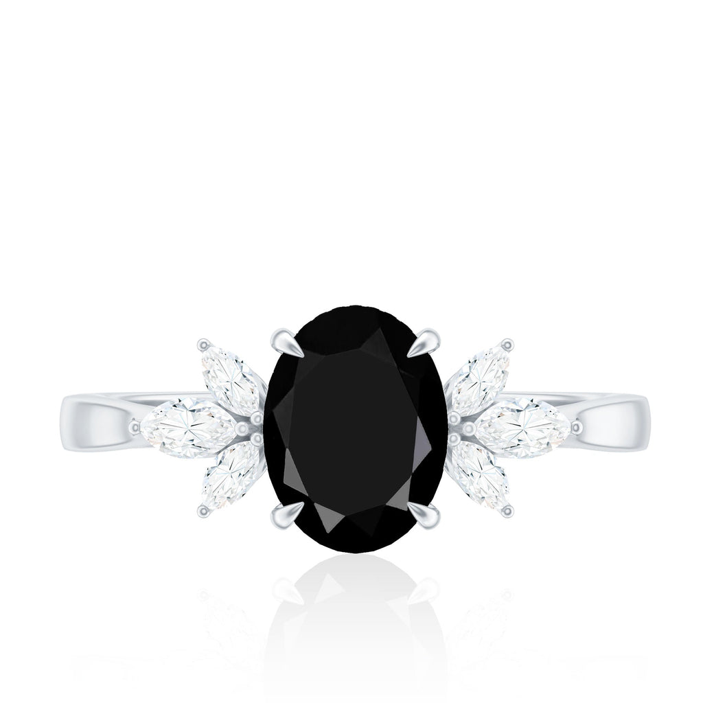 Oval Cut Black Onyx Engagement Ring with Diamond Trio