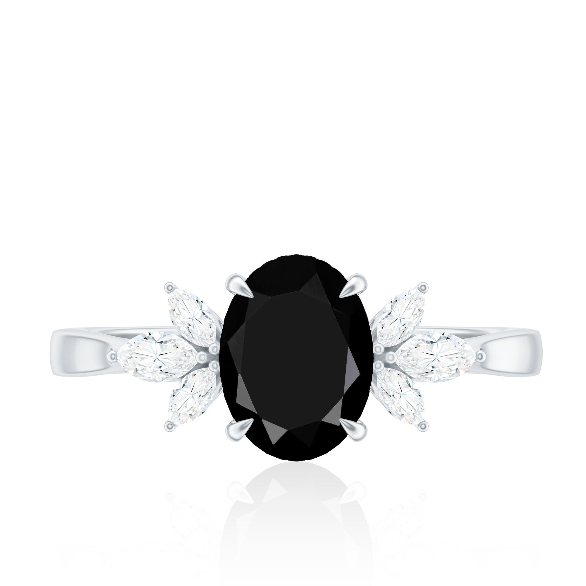 Oval Cut Black Onyx Engagement Ring with Diamond Trio