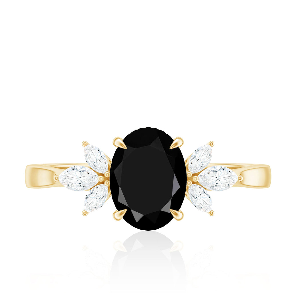 Oval Cut Black Onyx Engagement Ring with Diamond Trio