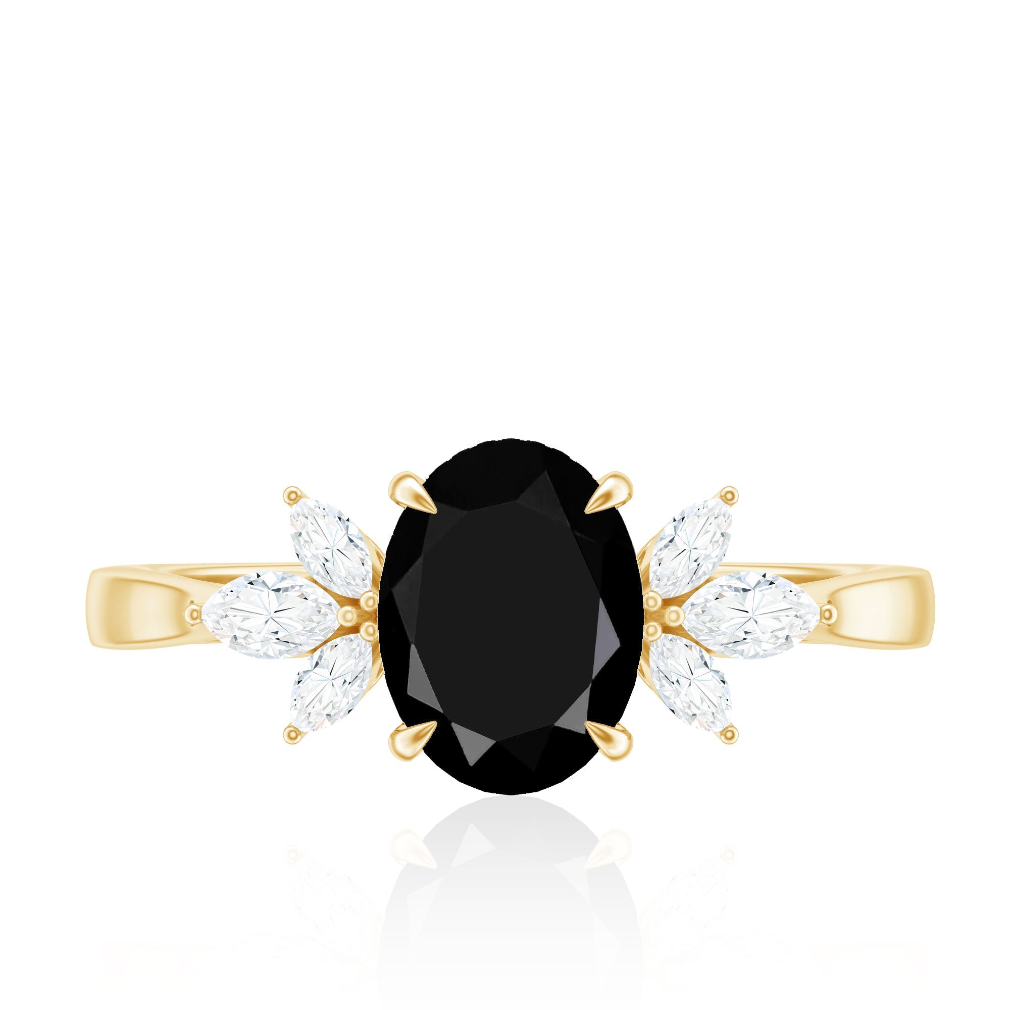 Oval Cut Black Onyx Engagement Ring with Diamond Trio