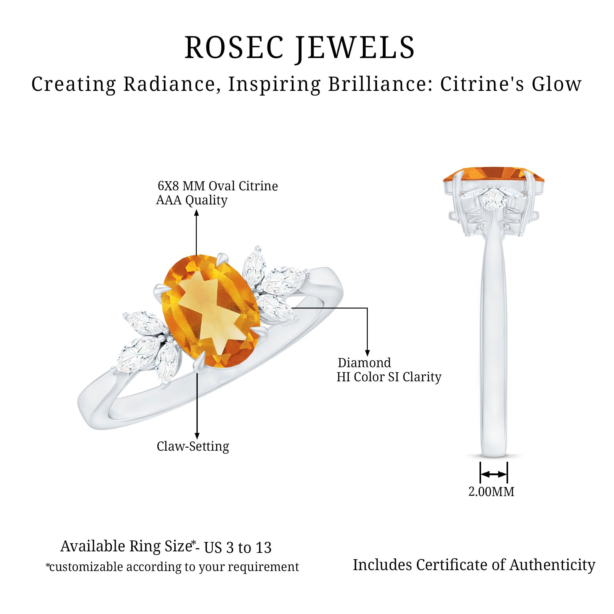 Certified Real 6X8mm Citrine Oval Engagement Ring with Diamond Trio