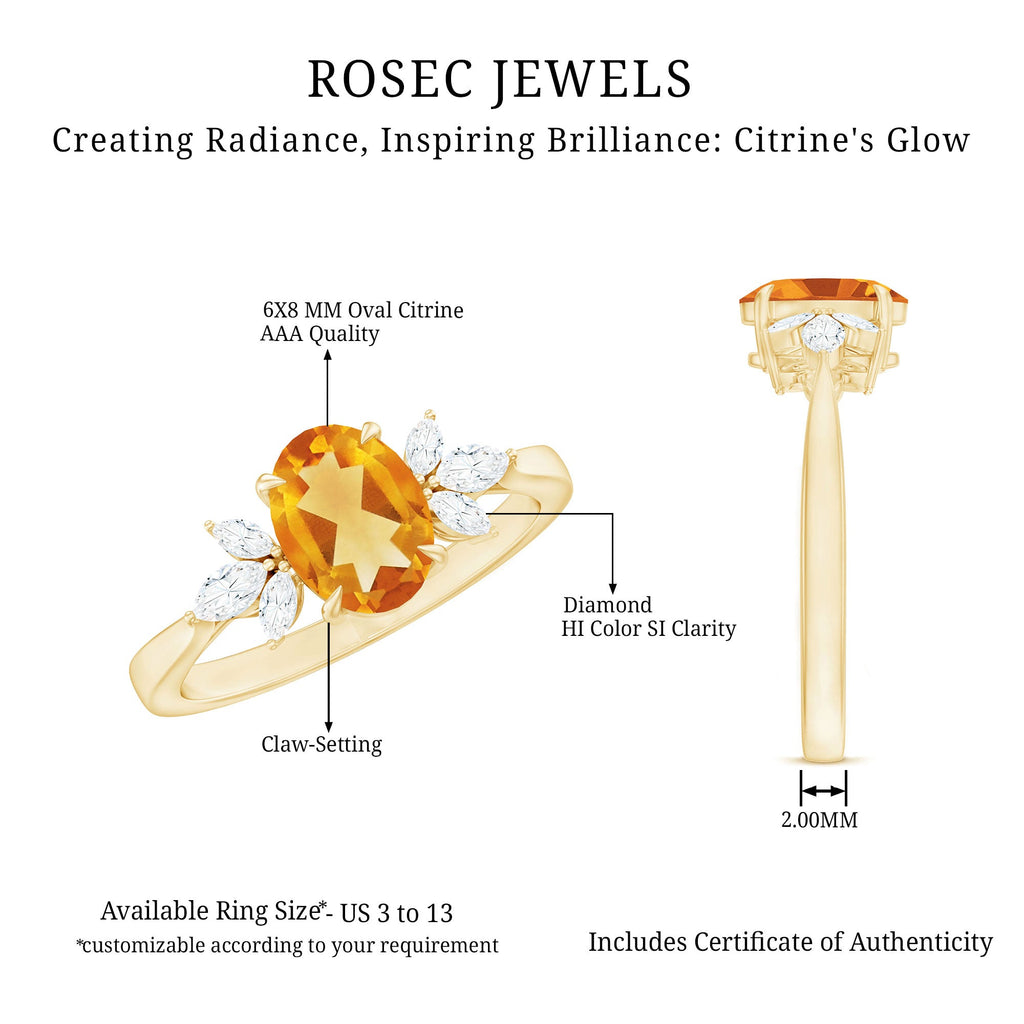 Certified Real 6X8mm Citrine Oval Engagement Ring with Diamond Trio