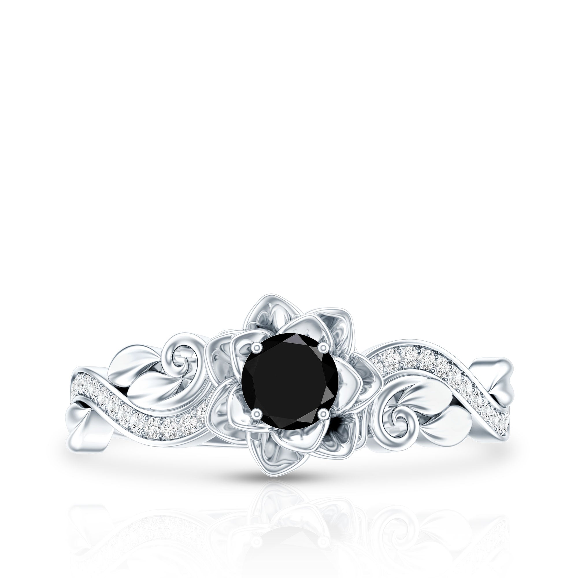 Nature Inspired Black Onyx and Diamond Floral Engagement Ring