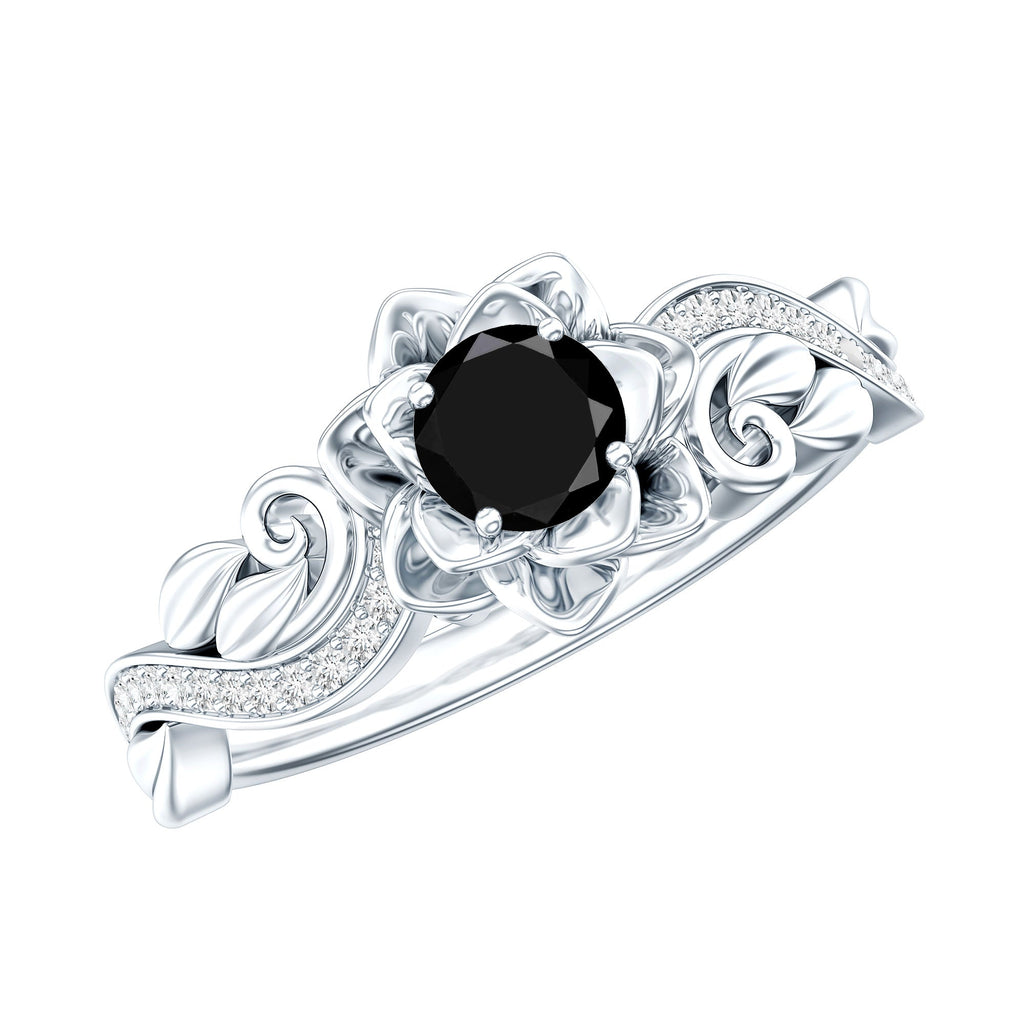 Real Black Spinel Blooming Flower Engagement Ring with Diamond