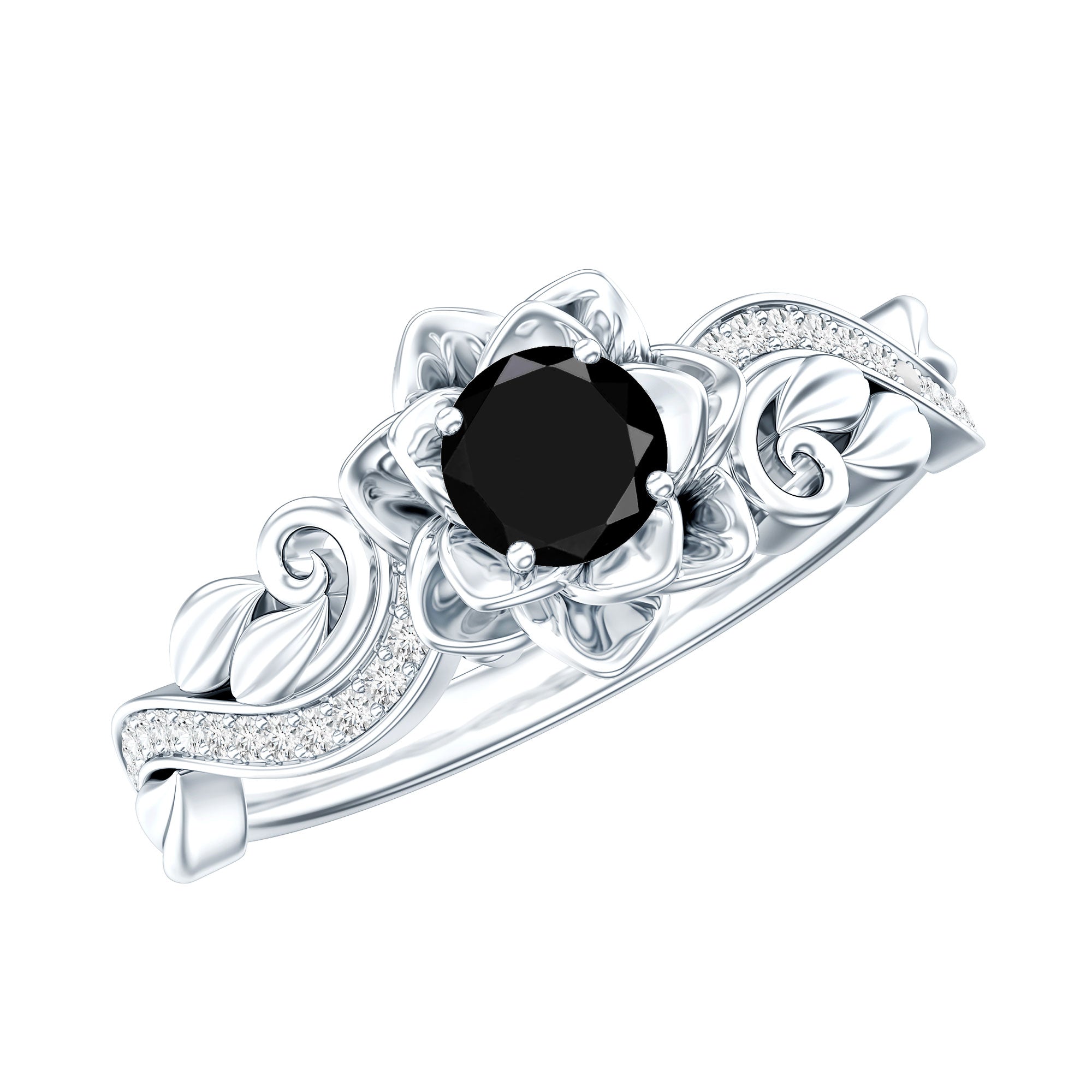 Real Black Spinel Blooming Flower Engagement Ring with Diamond