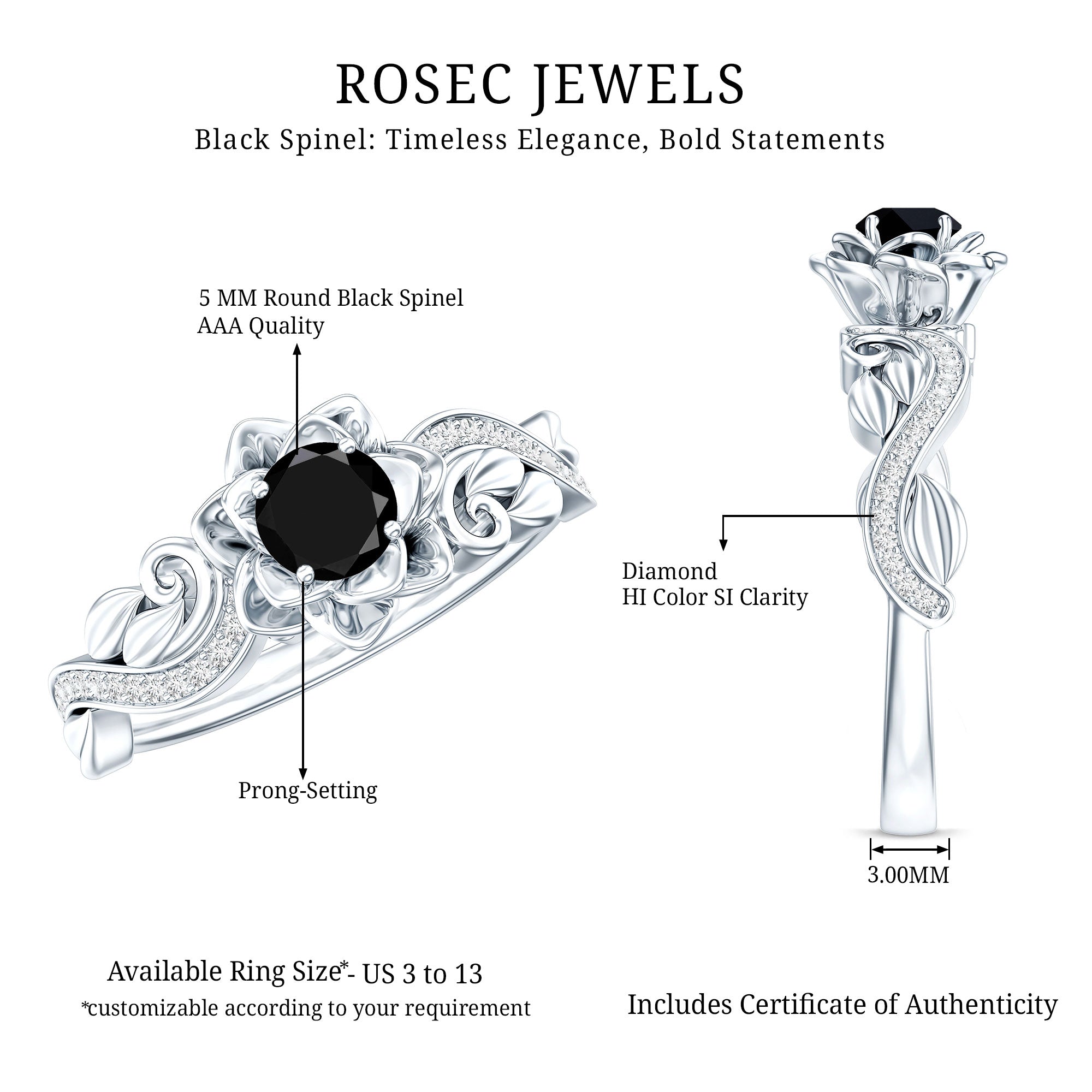 Real Black Spinel Blooming Flower Engagement Ring with Diamond