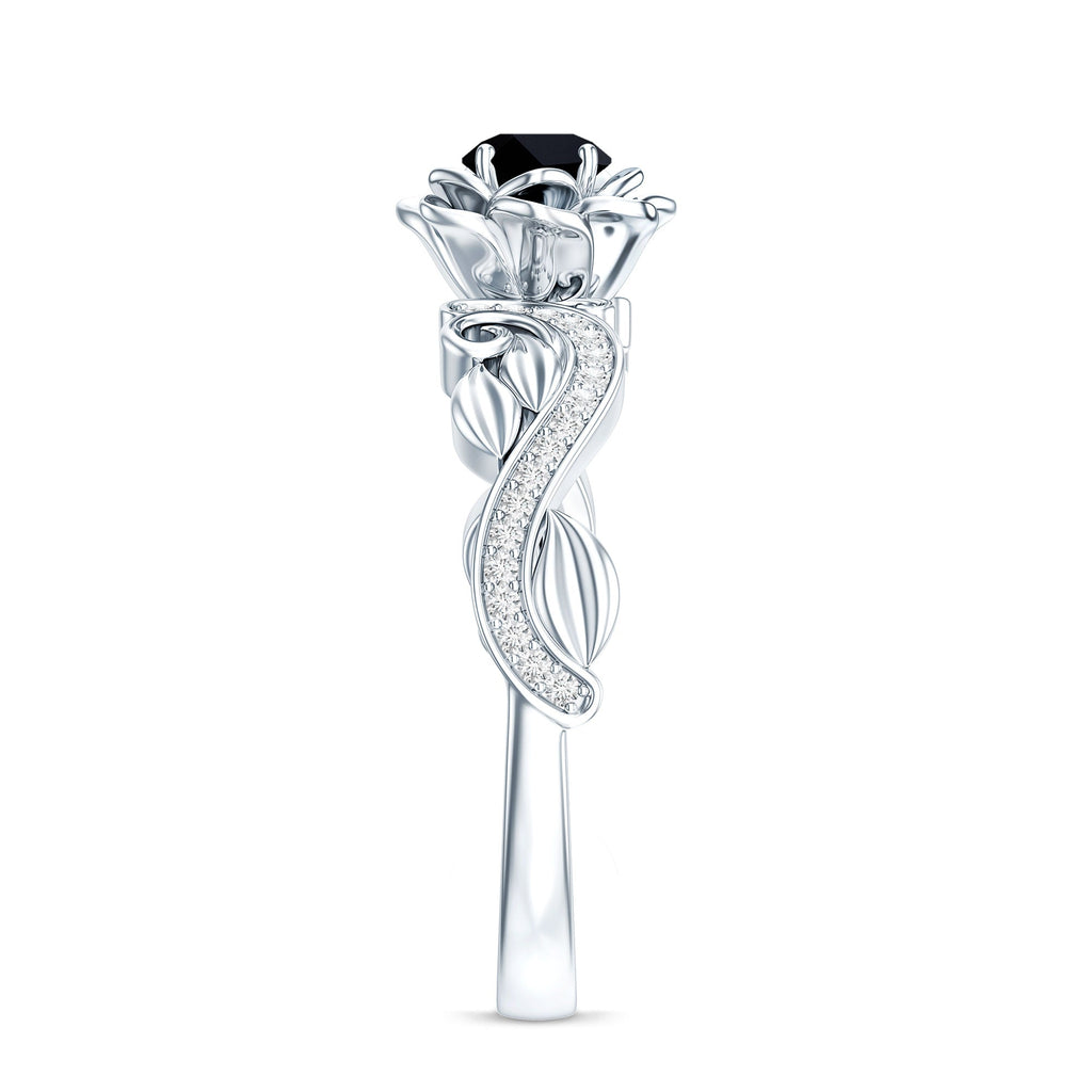Real Black Spinel Blooming Flower Engagement Ring with Diamond