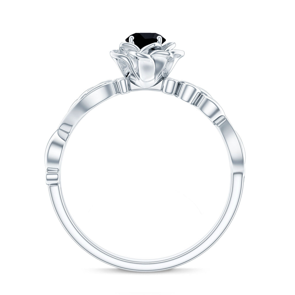 Real Black Spinel Blooming Flower Engagement Ring with Diamond