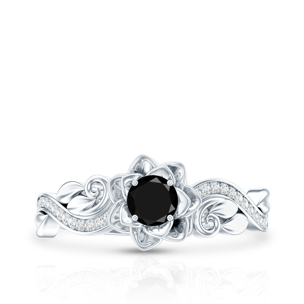 Real Black Spinel Blooming Flower Engagement Ring with Diamond