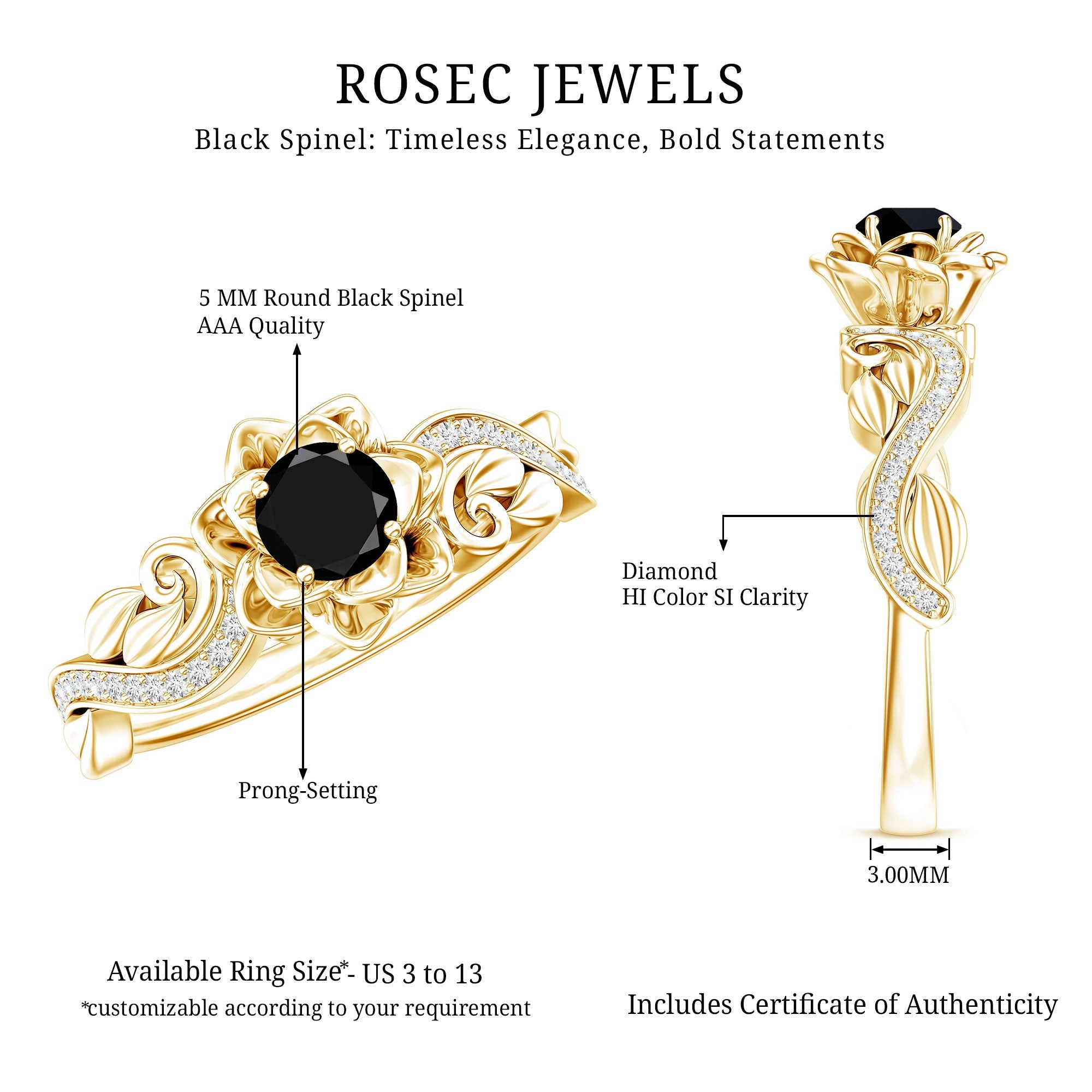 Real Black Spinel Blooming Flower Engagement Ring with Diamond
