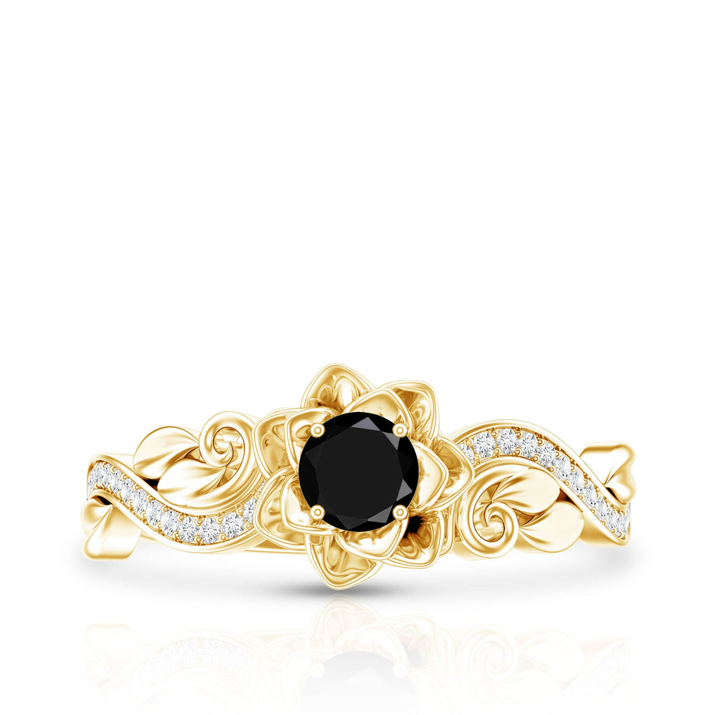 Real Black Spinel Blooming Flower Engagement Ring with Diamond