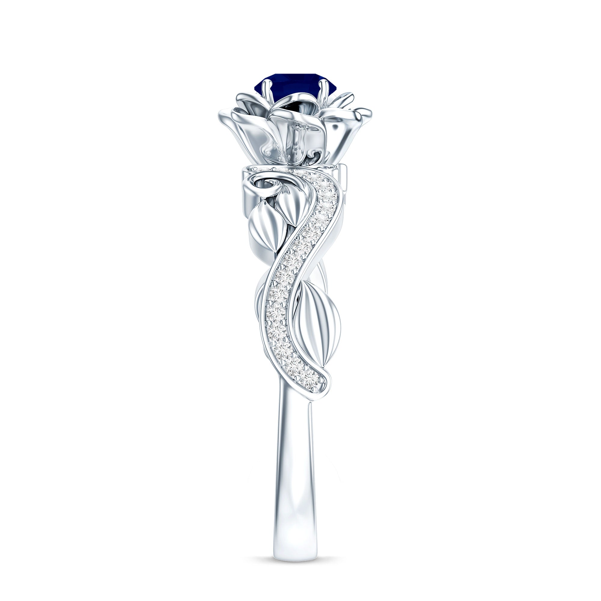 Rose Flower Engagement Ring with Genuine Blue Sapphire and Diamond