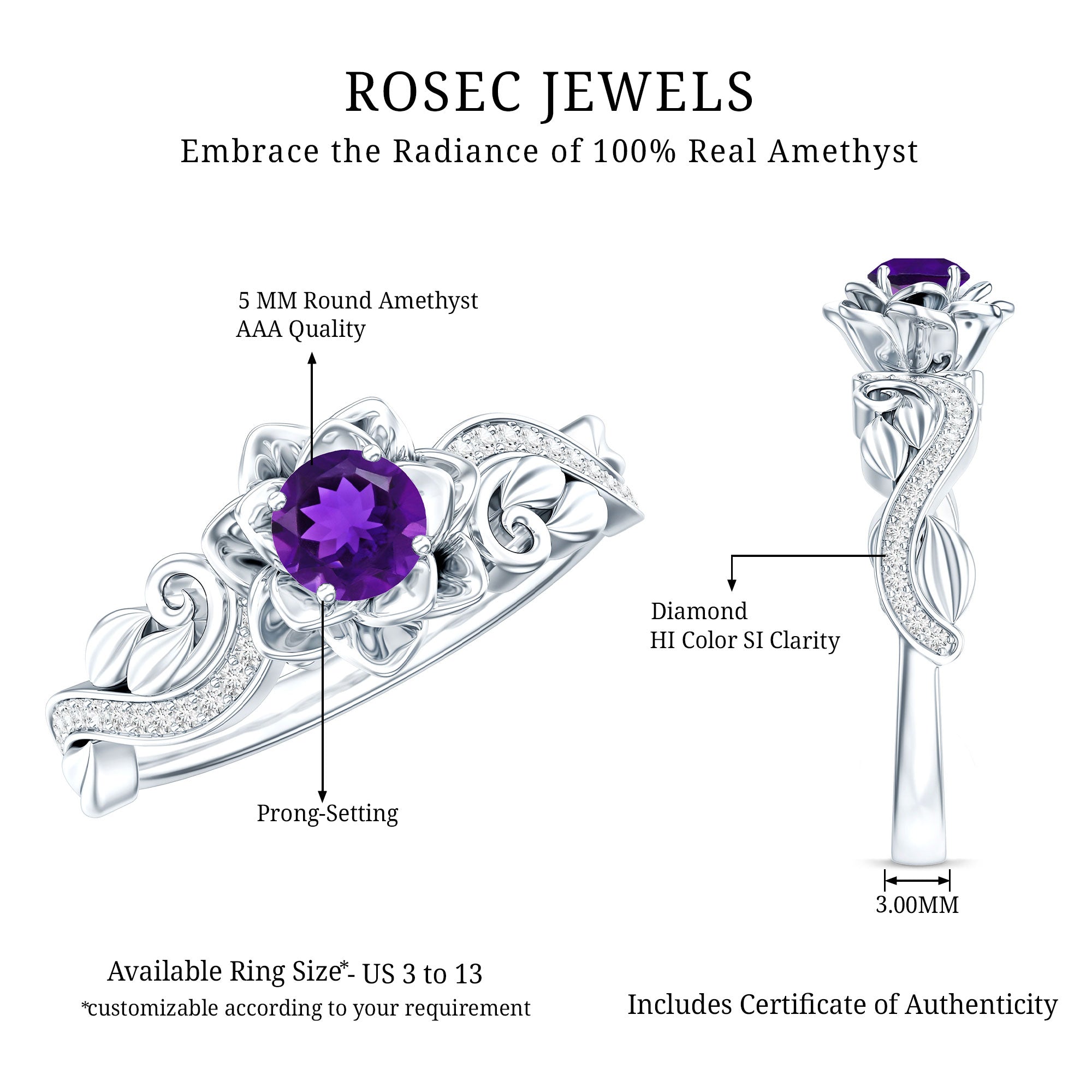 1/2 CT Floral Inspired Amethyst and Diamond Engagement Ring