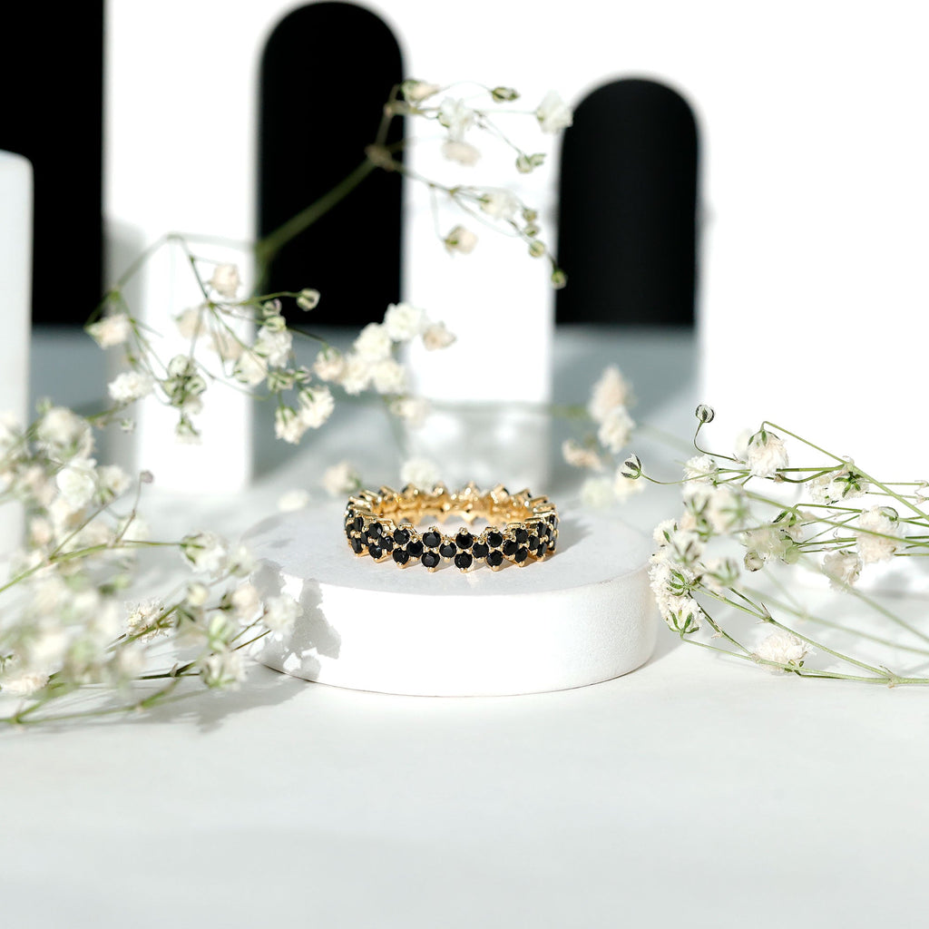 Natural Black Spinel Cluster Eternity Ring in Prong Setting