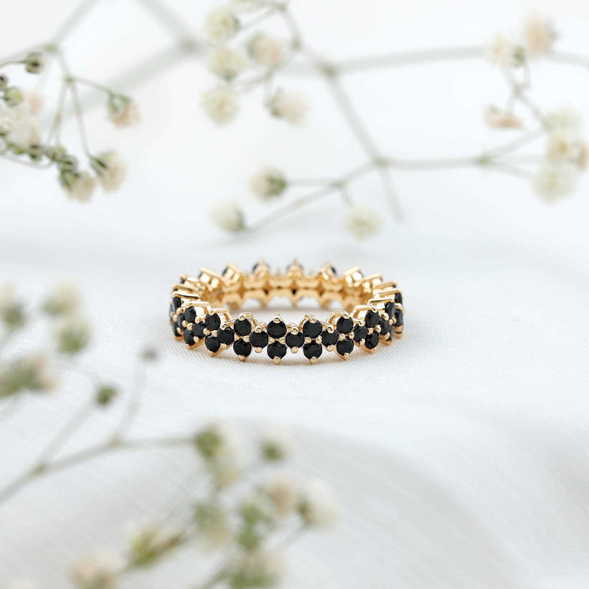 Natural Black Spinel Cluster Eternity Ring in Prong Setting