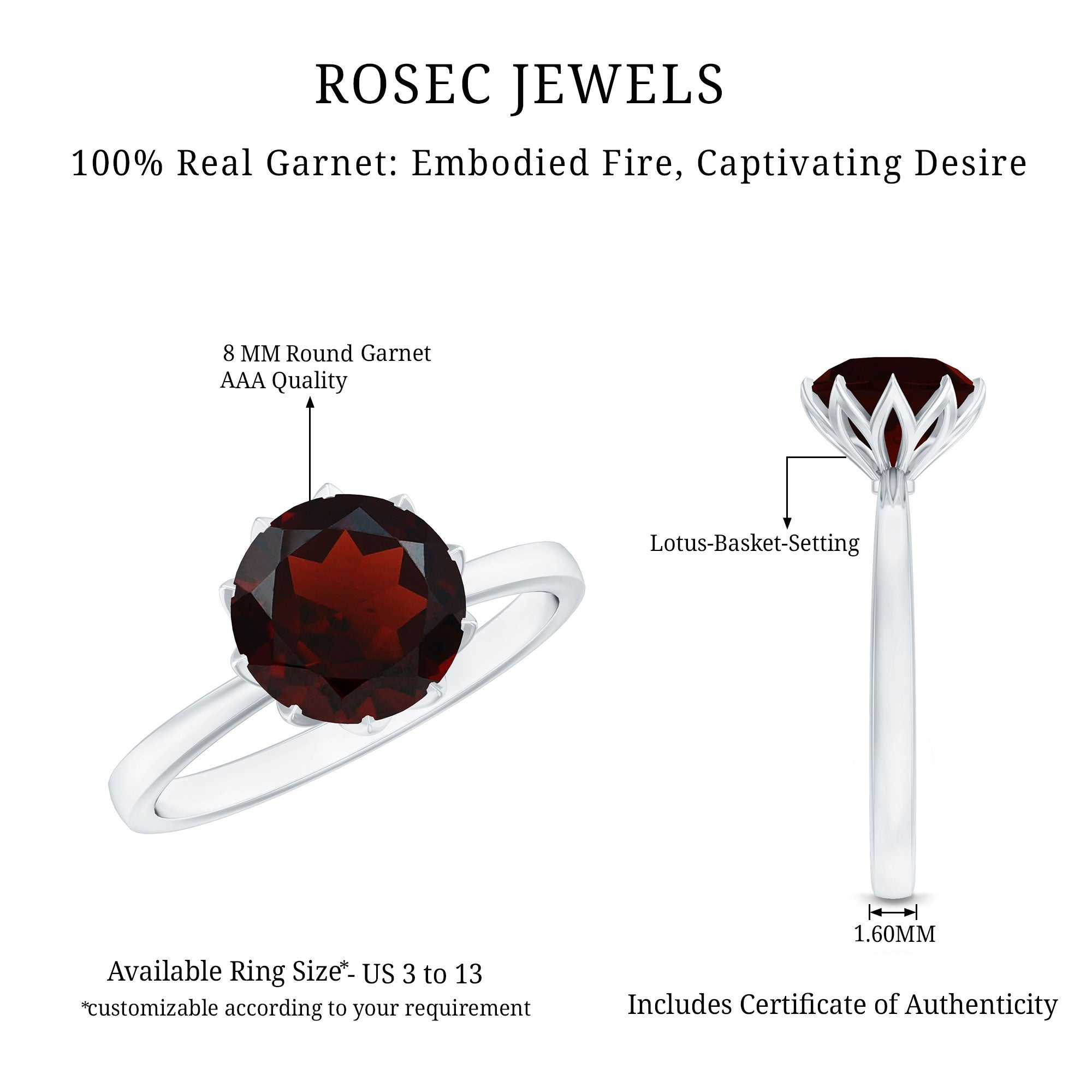 Natural 8mm Garnet Solitaire Engagement Ring