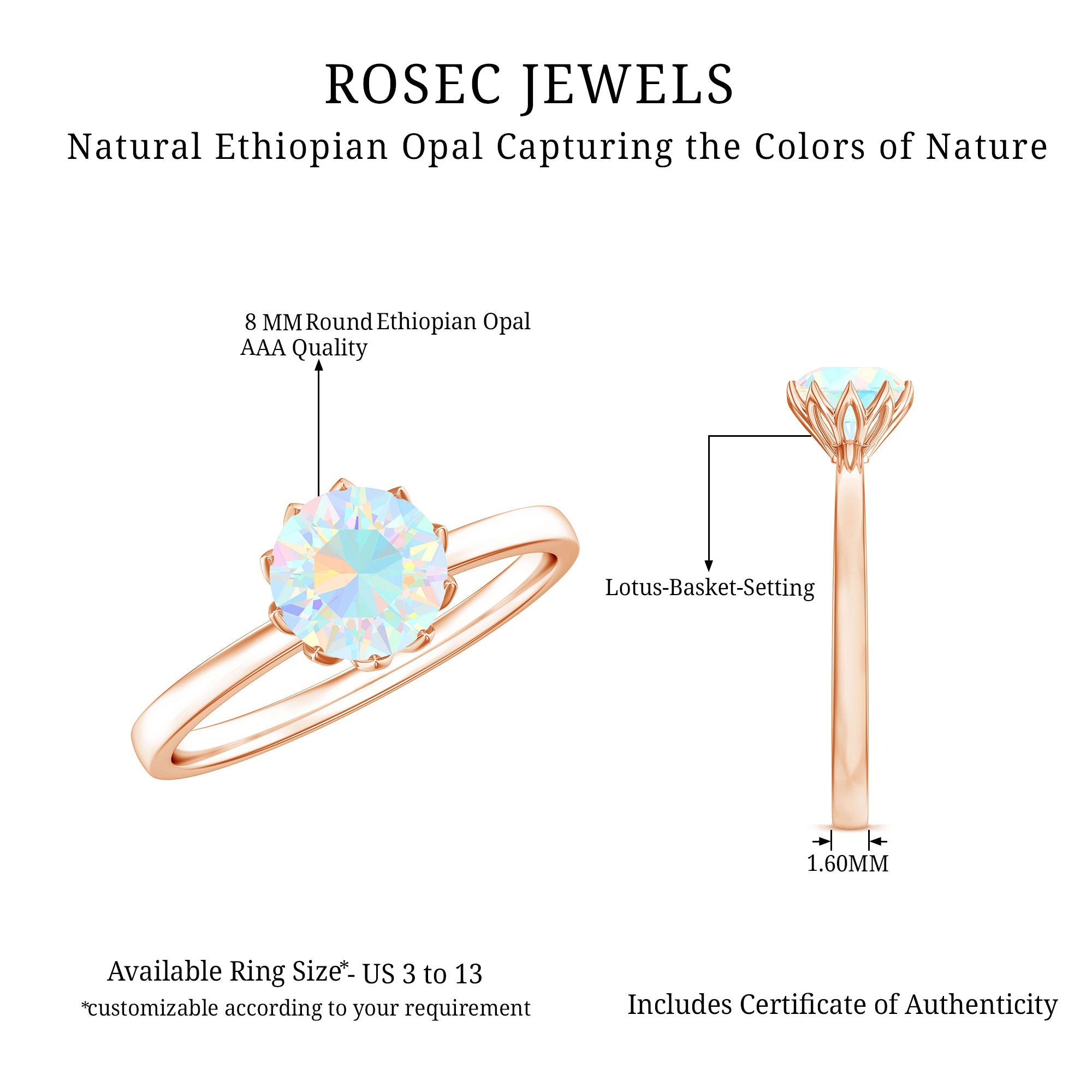 Natural 8mm Ethiopian Opal Engagement Ring in Lotus Basket Setting
