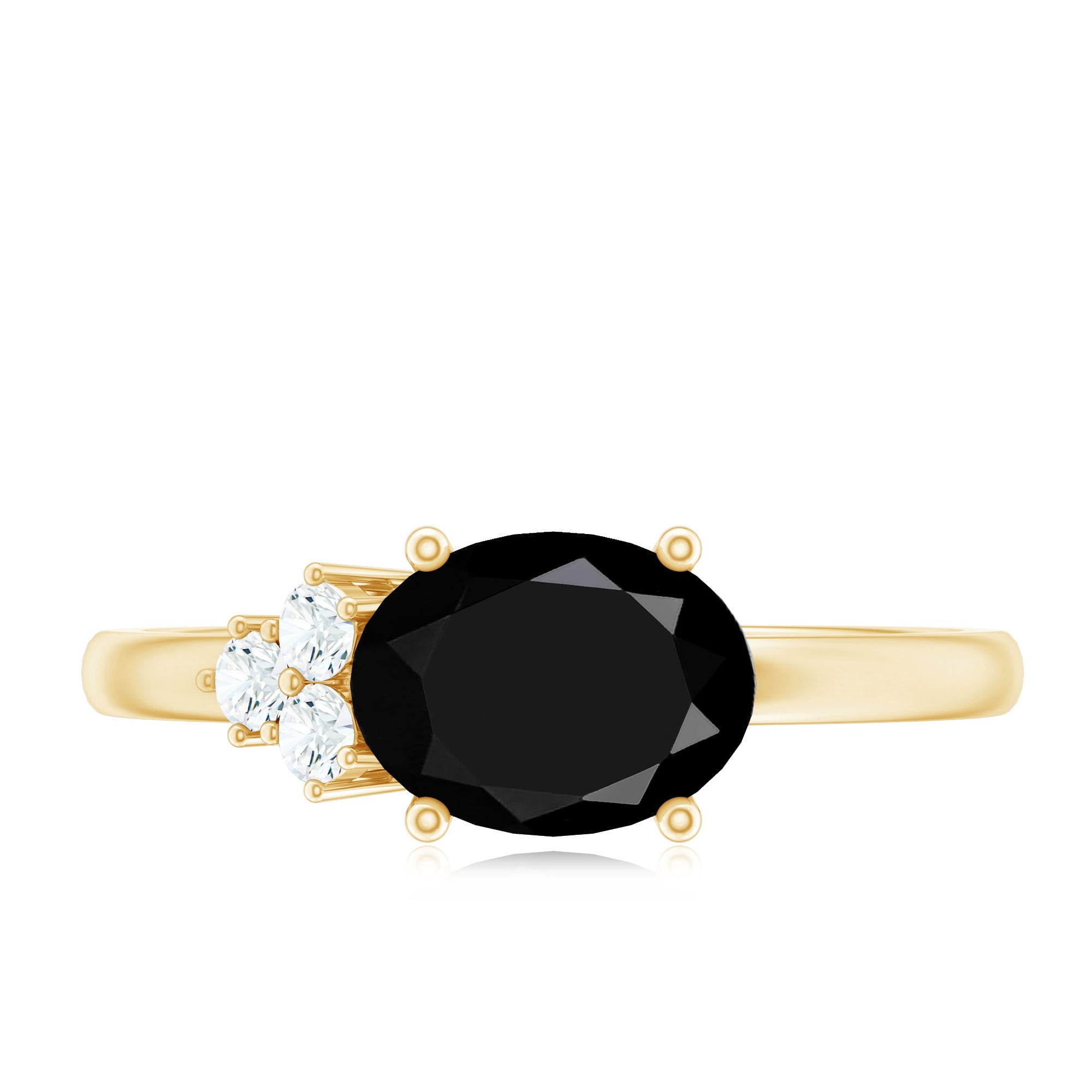 Oval Cut Created Black Diamond Minimal Ring with Diamond Trio