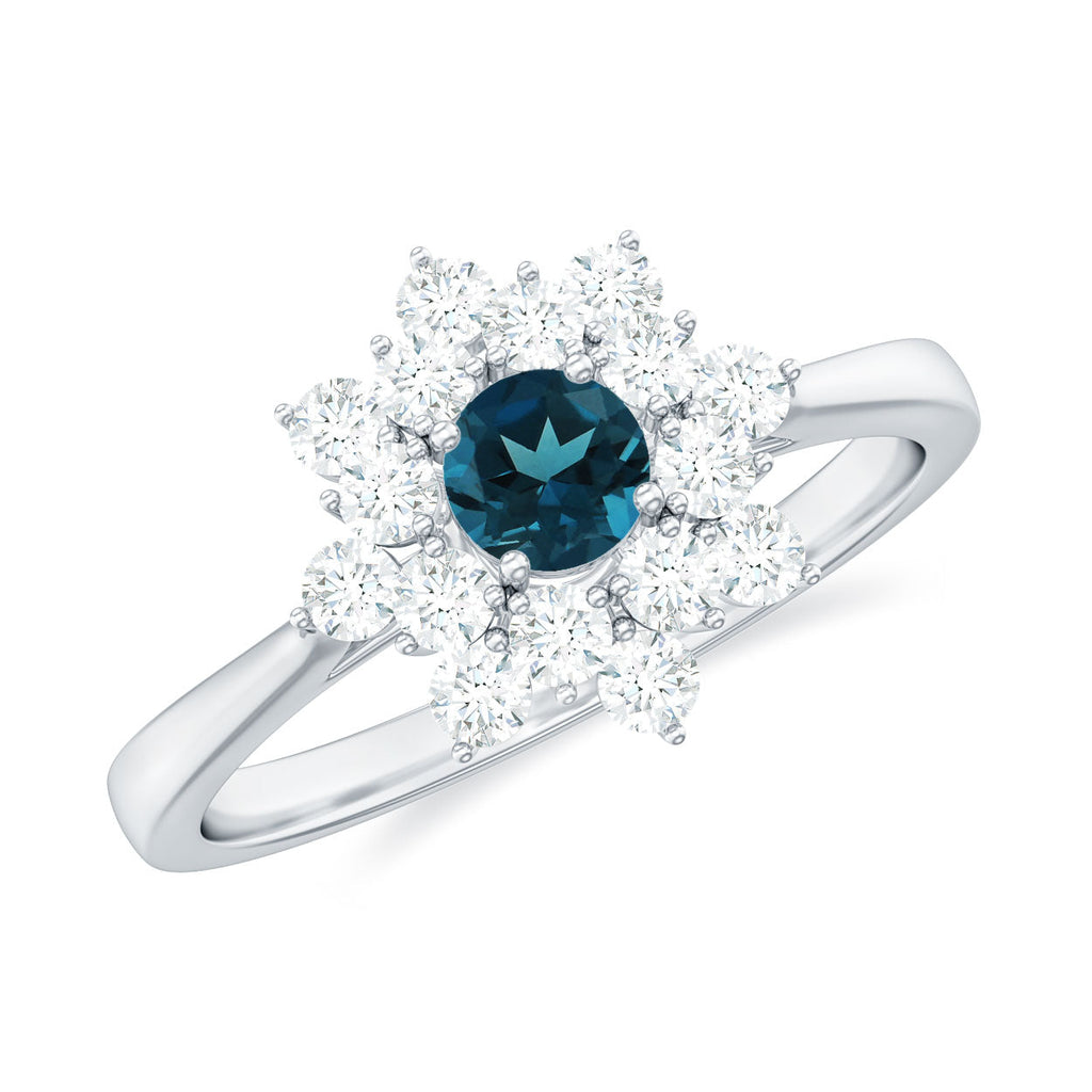 Genuine Round Cut London Blue Topaz Flower Engagement Ring with Diamonds