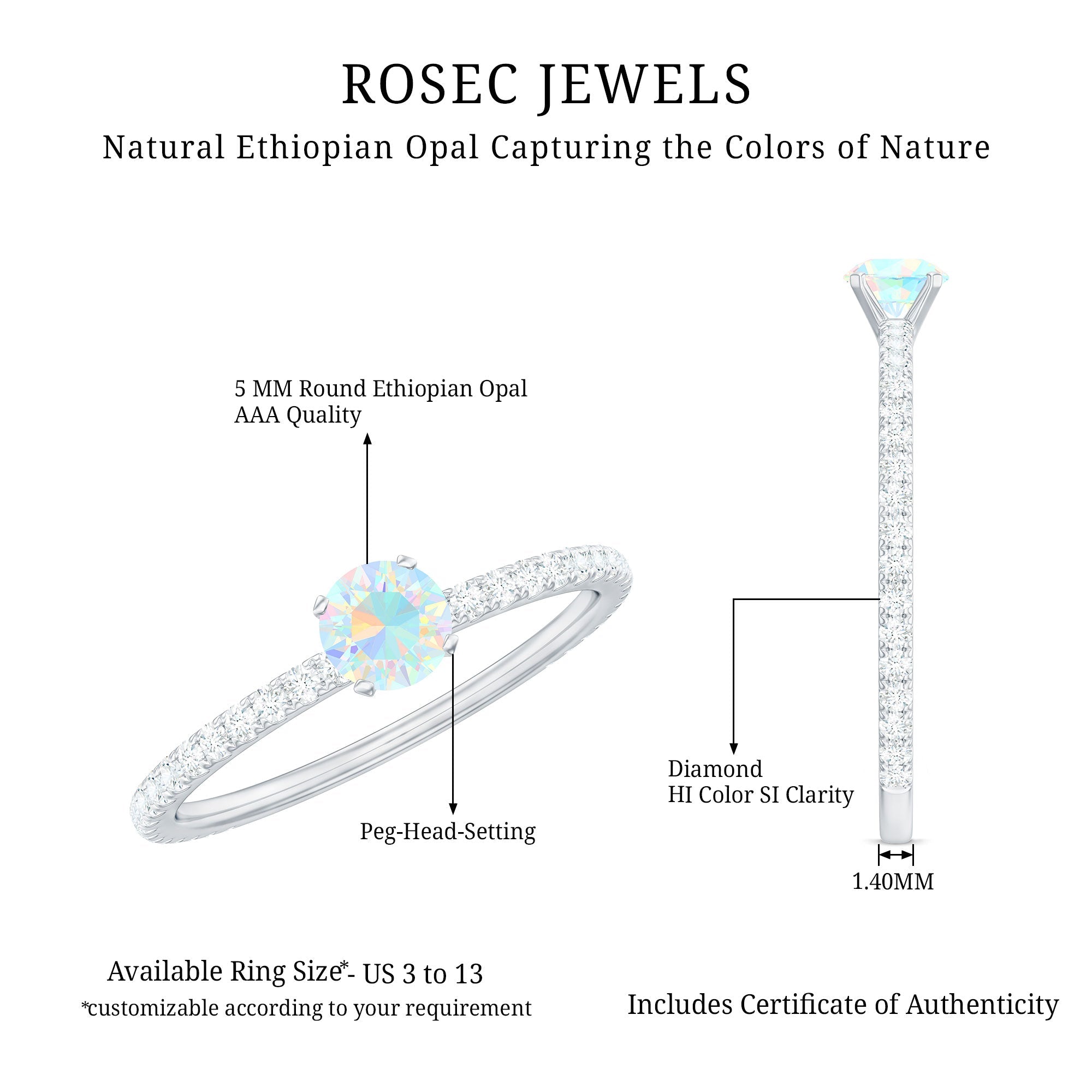 Genuine Ethiopian Opal Promise Ring with Diamond Side Stones