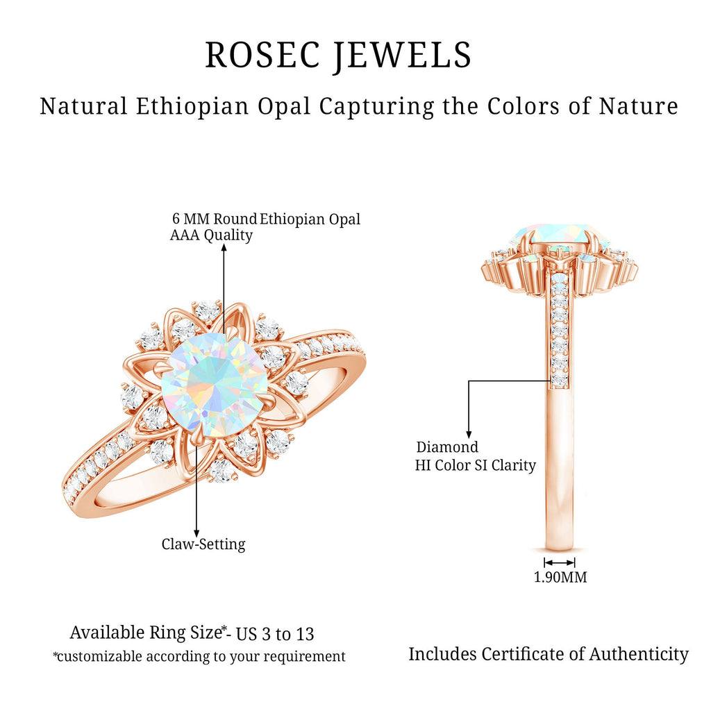 Genuine Ethiopian Opal Flower Engagement Ring with Diamond