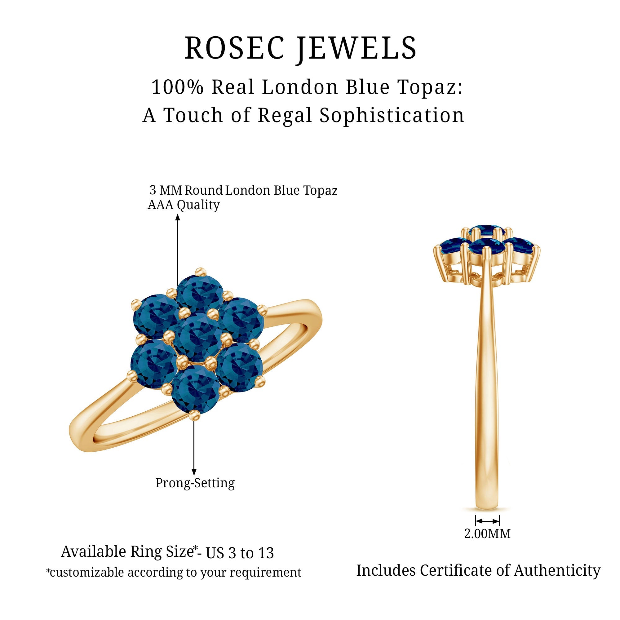 Genuine London Blue Topaz Flower Engagement Ring With Certificate