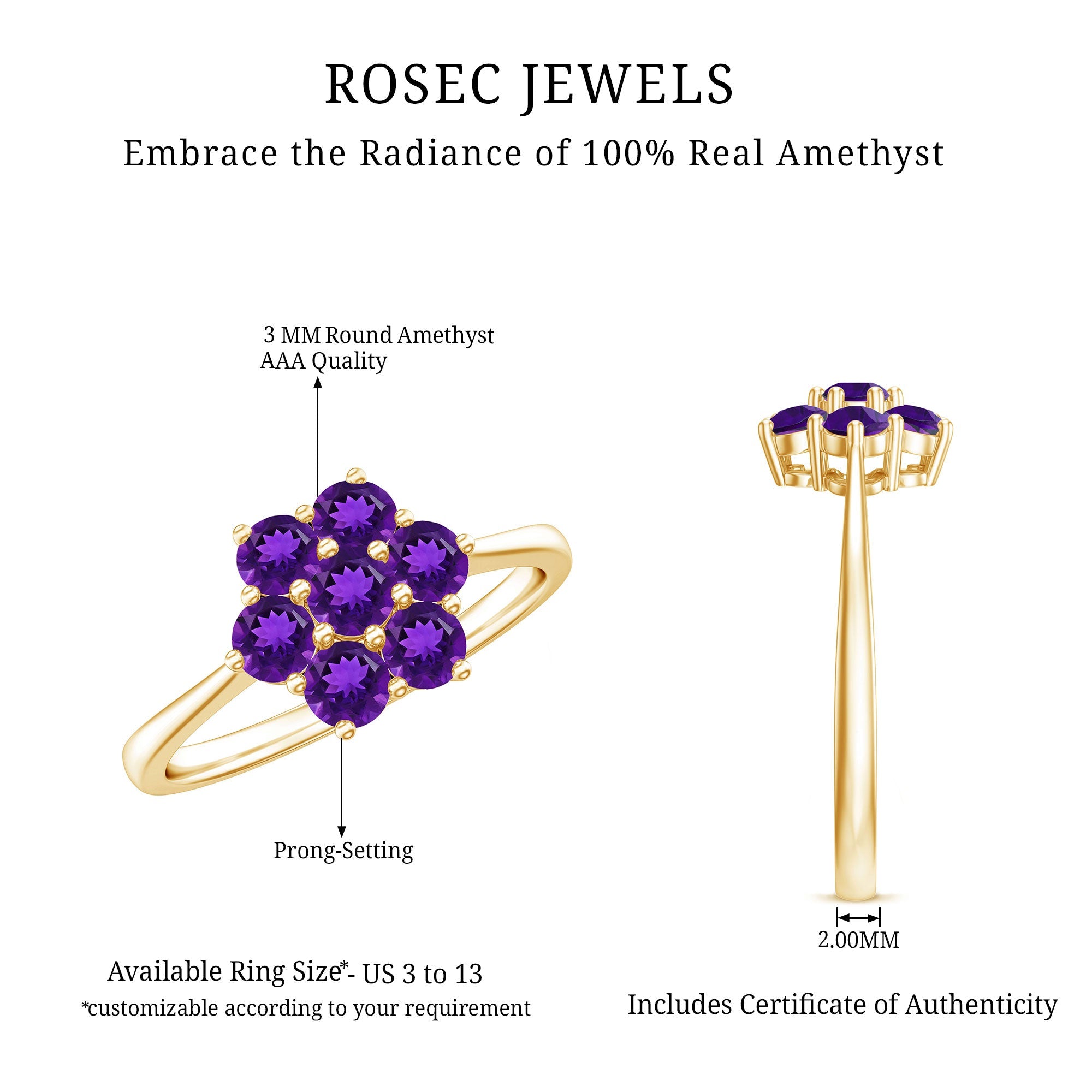 3/4 CT Round Shape Amethyst Cluster Flower Ring