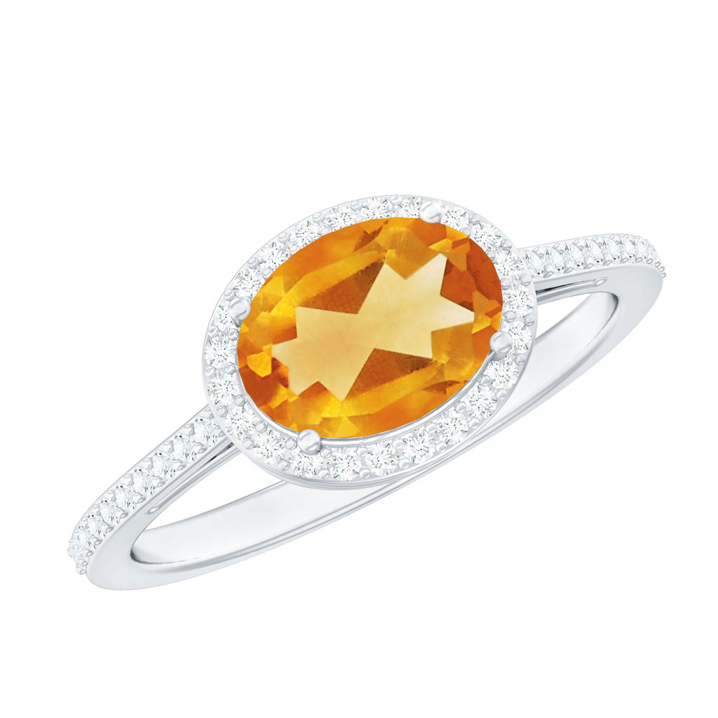 Certified Real 6X8mm Oval Citrine East West Engagement Ring with Diamond Halo