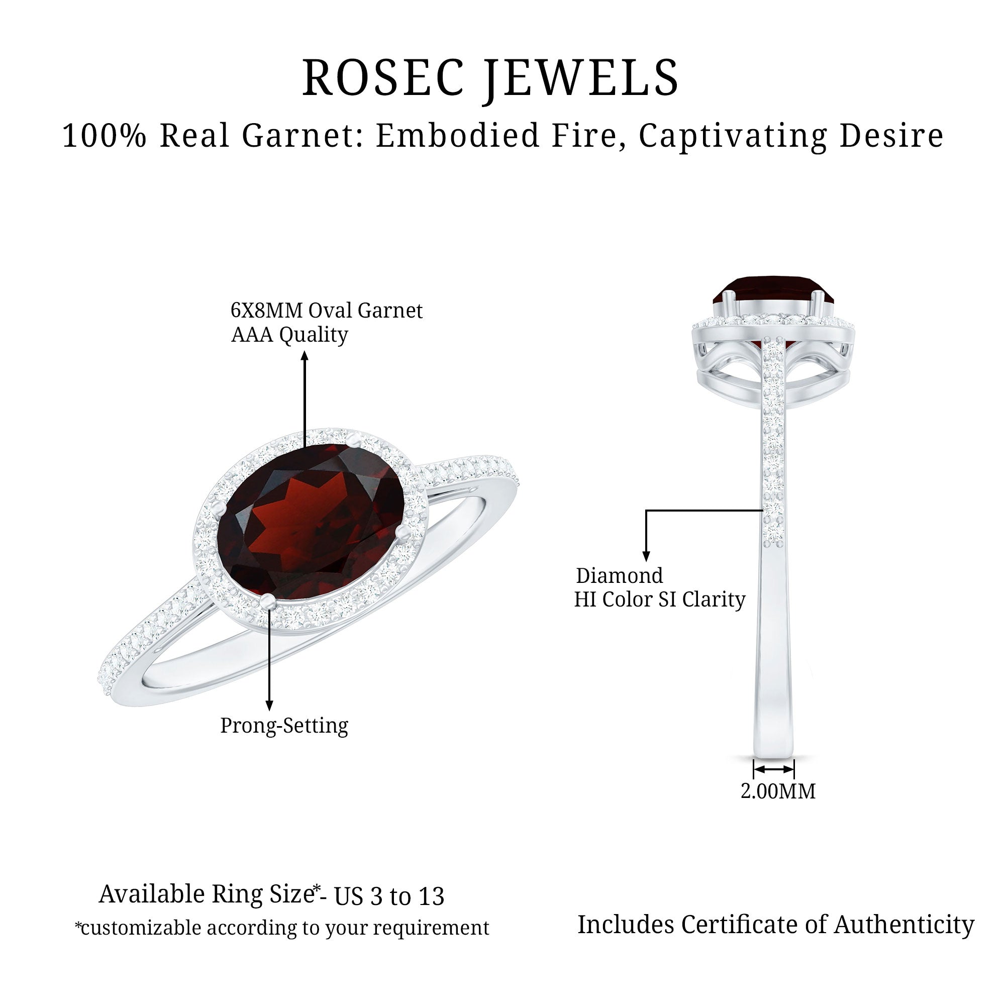 Classic 6X8mm Oval Garnet East West Engagement Ring with Diamond
