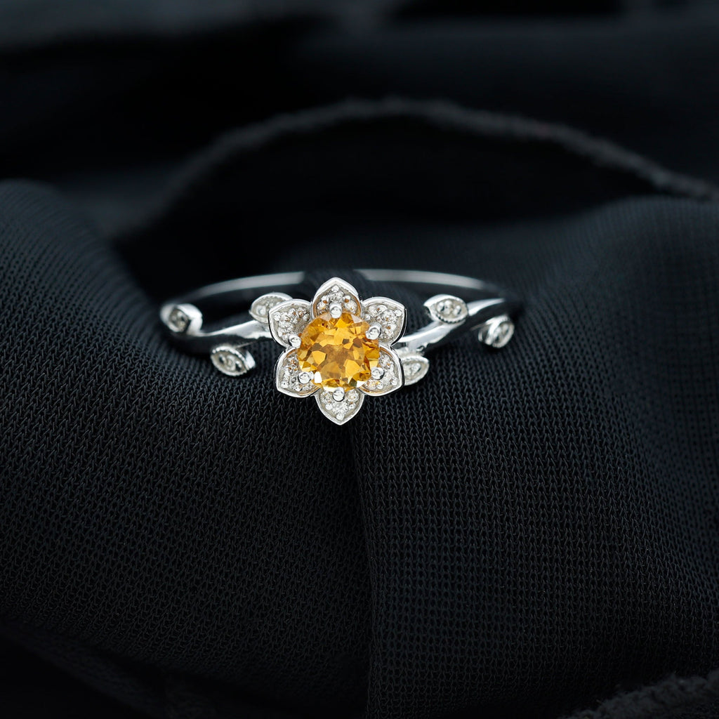 Natural Citrine Flower Engagement Ring with Diamond