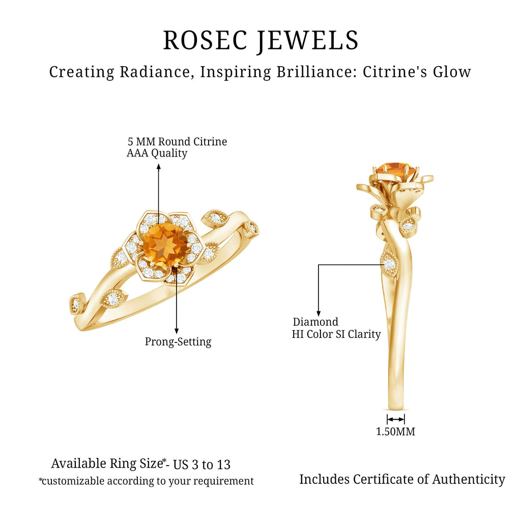 Natural Citrine Flower Engagement Ring with Diamond