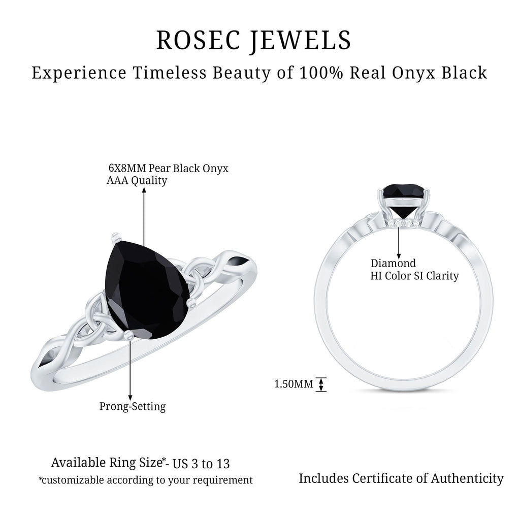 Solitaire Pear Cut Black Onyx Engagement Ring with Celtic Band