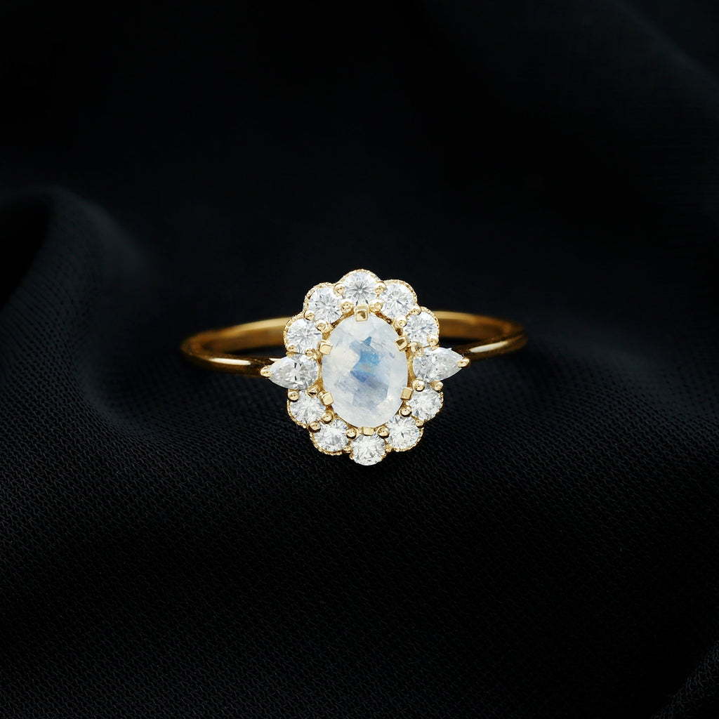 Natural 0.6 Carat Oval Shape Moonstone Engagement Ring With Moissanite