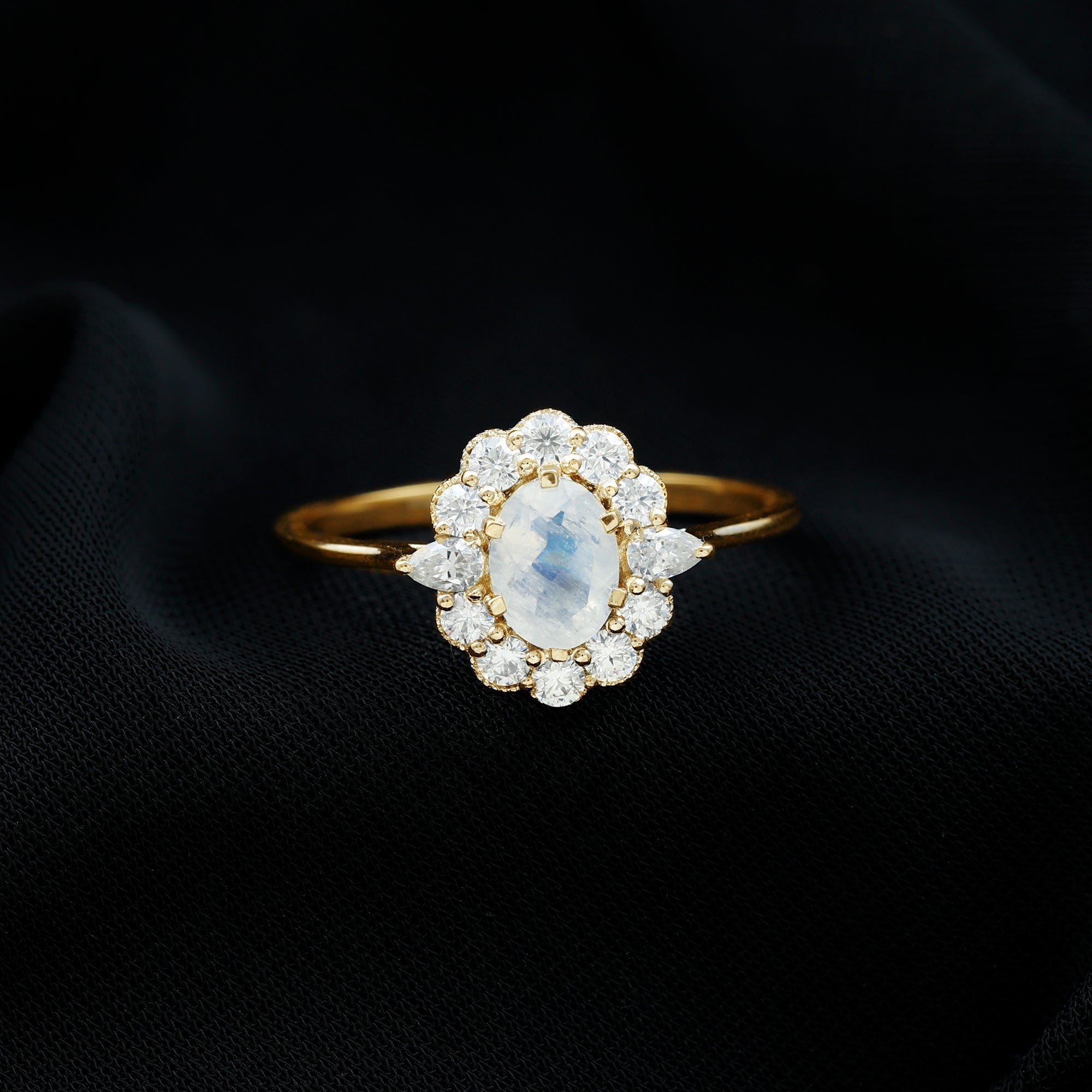 Natural 0.6 Carat Oval Shape Moonstone Engagement Ring With Moissanite