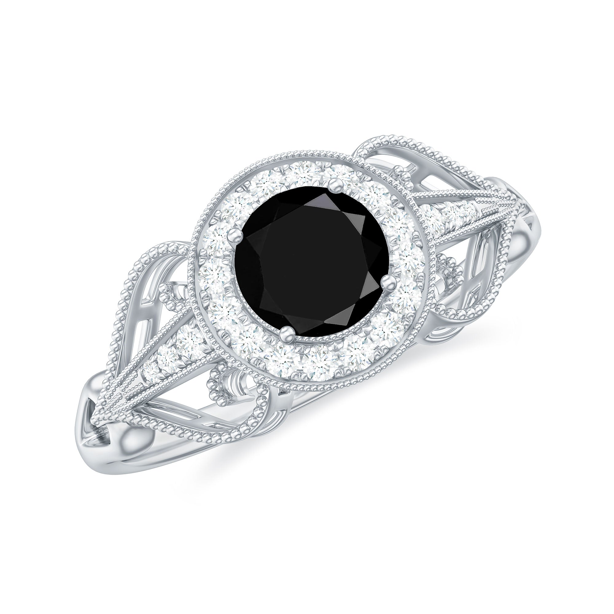 5mm Round Black Onyx Vintage Engagement Ring with Diamond Halo