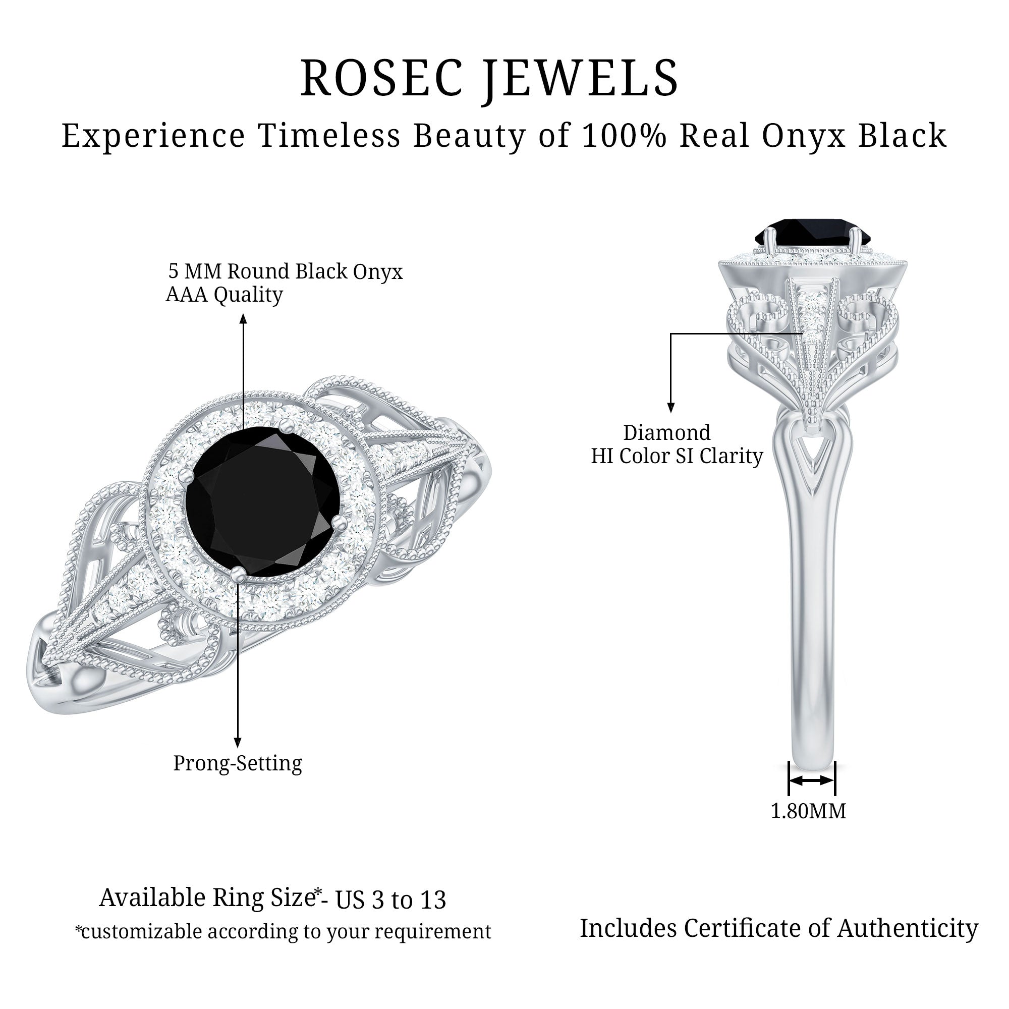 5mm Round Black Onyx Vintage Engagement Ring with Diamond Halo
