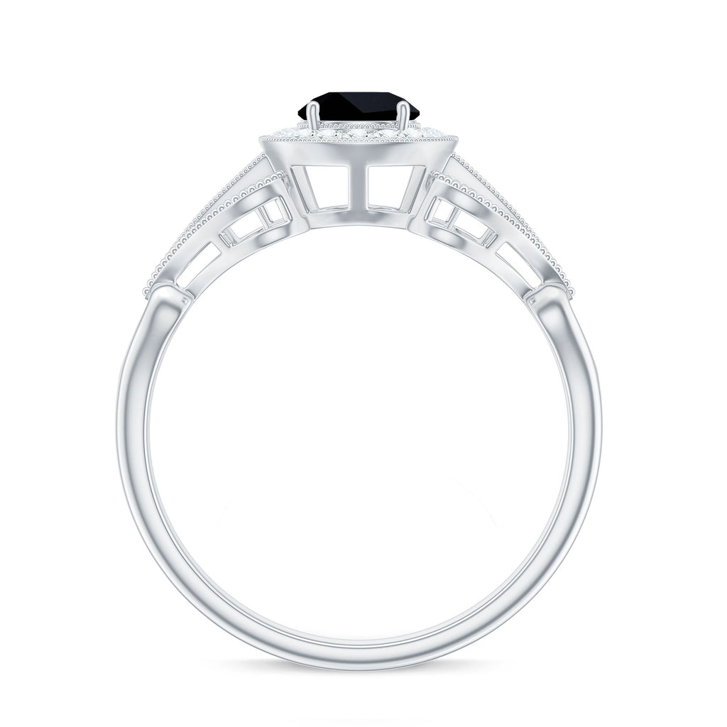 5mm Round Black Onyx Vintage Engagement Ring with Diamond Halo