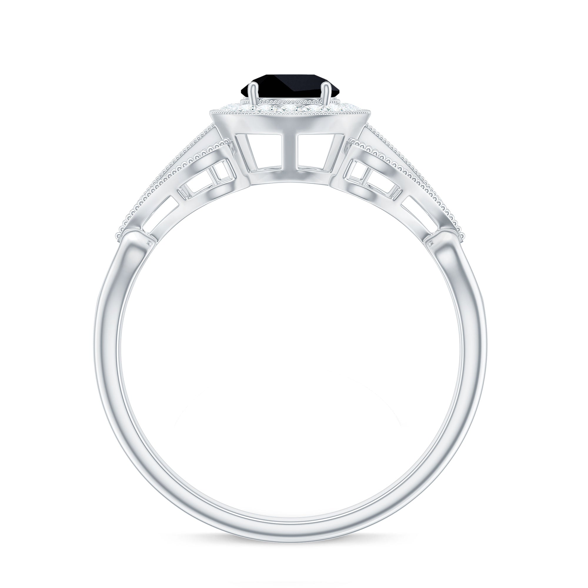 5mm Round Black Onyx Vintage Engagement Ring with Diamond Halo