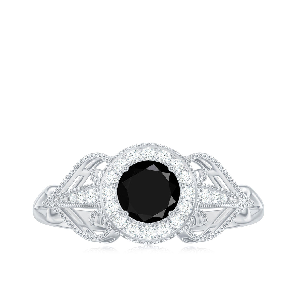 5mm Round Black Onyx Vintage Engagement Ring with Diamond Halo
